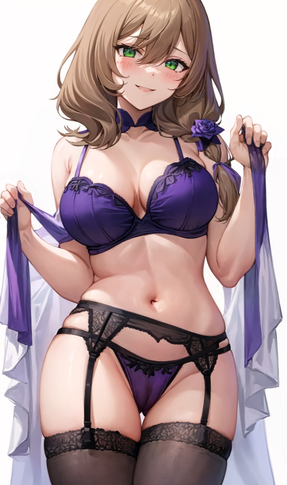 ai generated, bangs, bare shoulders, black legwear, blue flower, blue rose, blush, bra, breasts, brown hair, cleavage, collarbone, eyebrows visible through hair, female, flower, garter belt, garter straps, genshin impact, green eyes, hair flower, hair ornament, holding, holding clothes, large breasts, lisa (genshin impact), long hair, navel, panties, parted lips, purple bra, purple flower, purple headwear, purple panties, purple rose, rose, smile, solo, thighhighs, thighs, underwear