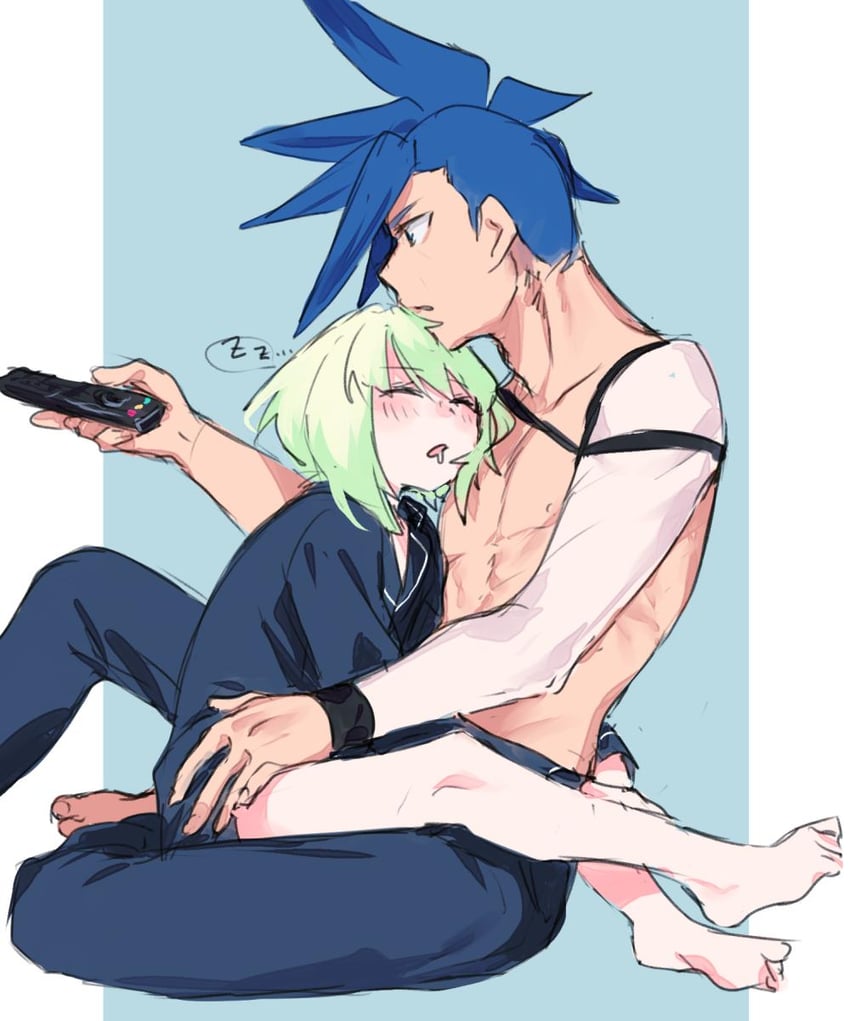 2boys, after sex, androgynous, blush, bottomless, clothed, clothing, femboy, galo thymos, gay, lio fotia, male, on lap, promare, size difference, twink, yaoi