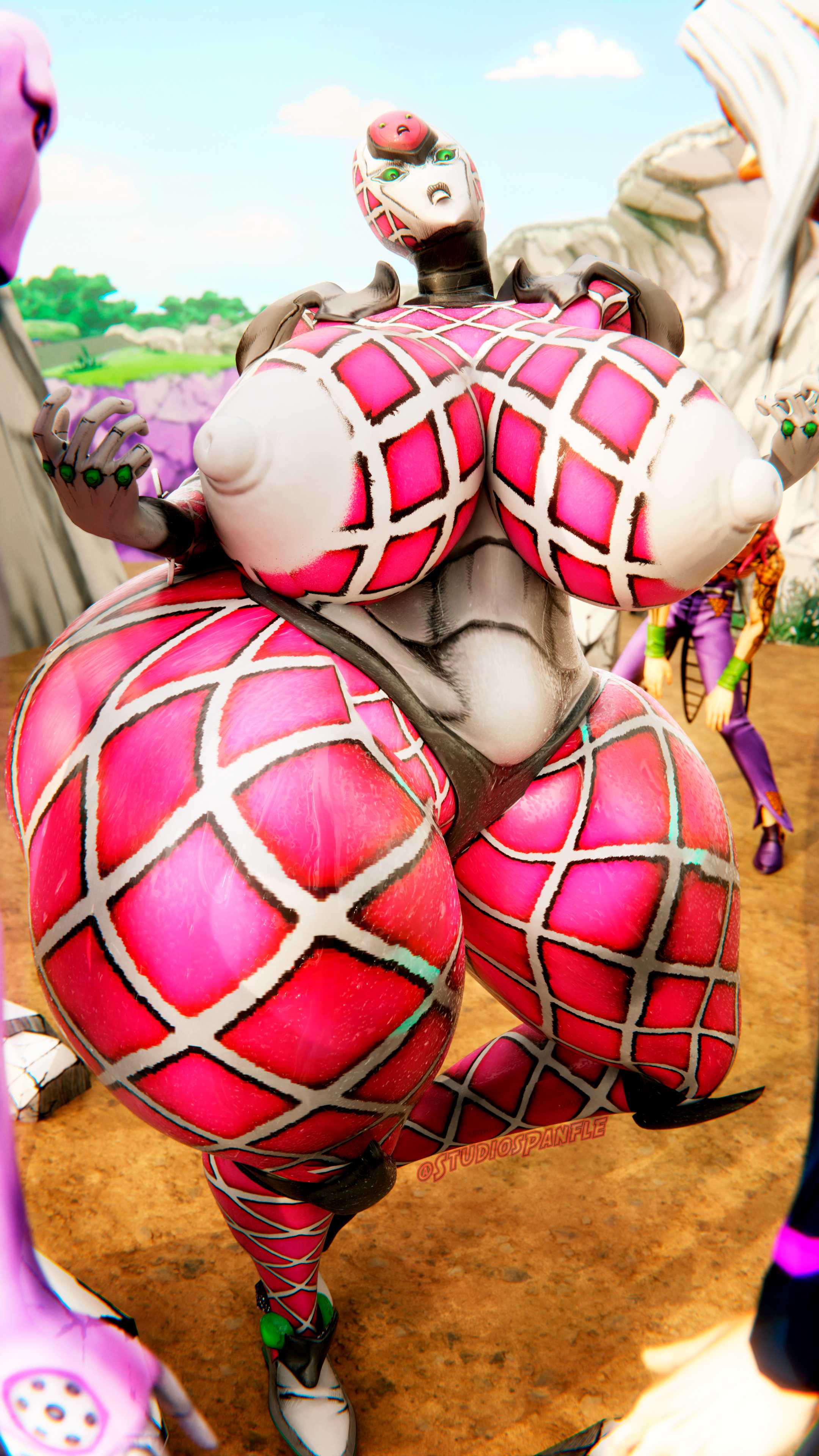 1girls, 3d, abs, absurd res, angry, angry face, ass, ass bigger than head, big ass, big breasts, big thighs, breasts, breasts bigger than head, curvaceous, curvy, curvy figure, diavolo, epitaph (jjba), evil grin, female, female focus, female only, fishnet, fishnets, genderswap (mtf), green eyes, green sclera, grin, hard nipples, highres, huge ass, huge breasts, huge thighs, humanized, humanoid, jojo's bizarre adventure, king crimson, large ass, large breasts, leone abbacchio, looking at viewer, massive ass, massive breasts, moody blues, naked, nude, panflestudios, pink skin, posing, puffy areola, puffy nipples, rule 63, shadow, short hair, shounen jump, stand (jjba), standing, tagme, teeth, thick thighs, thighs, vento aureo, voluptuous, voluptuous female, wide hips, wide thighs