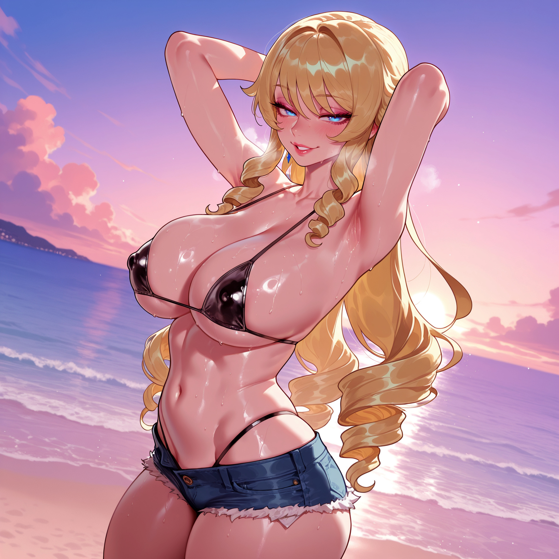 1girls, ai generated, alternate costume, armpits, arms behind head, arms up, balecxi, bangs, bare shoulders, beach, bikini, black bikini, black swimsuit, blonde hair, blue eyes, blue shorts, blush, breasts, cleavage, clothing, cloud, collarbone, covered nipples, curvaceous, curvaceous female, curvaceous figure, curvy, curvy figure, cutoffs, denim, denim shorts, drill hair, drill sidelocks, earrings, evening, exhibitionism, female, female focus, female only, genshin impact, gradient sky, grin, highleg, highleg bikini, horizon, inviting, inviting to sex, jewelry, large breasts, lips, lipstick, long hair, looking at viewer, makeup, micro bikini, micro shorts, naughty face, navel, navia (genshin impact), ocean, outdoor nudity, outdoor sex, outdoors, outside, parted lips, pink lips, presenting, presenting armpit, presenting ass, presenting breasts, presenting hindquarters, presenting self, red lips, seductive, seductive look, seductive smile, shiny skin, shore, short shorts, shorts, sideboob, sidelocks, skindentation, sky, smile, solo, stomach, sunset, sweat, swimsuit, thick thighs, thighs, voluptuous, voluptuous female, water, wet