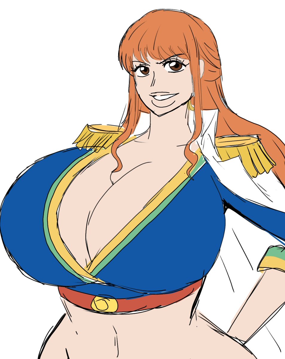 1girls, 2025, 2d, 2d (artwork), alternate body type, alternate breast size, big breasts, breasts, breasts bigger than head, brown eyes, brown-eyed female, busty, busty female, curvy, curvy body, curvy female, curvy figure, digital drawing (artwork), digital media (artwork), female, female focus, female only, gloriosa (one piece), hand behind ass, hourglass figure, hourglass figured female, huge breasts, large breasts, long hair, long-haired female, mature, mature woman, momiji (artist), navel, one piece, orange hair, orange-haired female, pirate, pirate girl, sfw, simple background, solo, solo female, solo focus, straight hair, upper body, white background