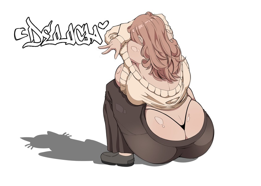 1girls, 2025, ass, ass bigger than head, ass cleavage, ass crack, ass focus, back view, big ass, big butt, black panties, black thong, black underwear, brown hair, butt crack, cat shadow puppet (meme), comicomryu, curvy, delicia (comicomryu), female, heart, kneeling, large ass, long hair, meme, milf, shadow, squatting, sweater, thick, thick ass, thick legs, thick thighs, thighs, thong, white background