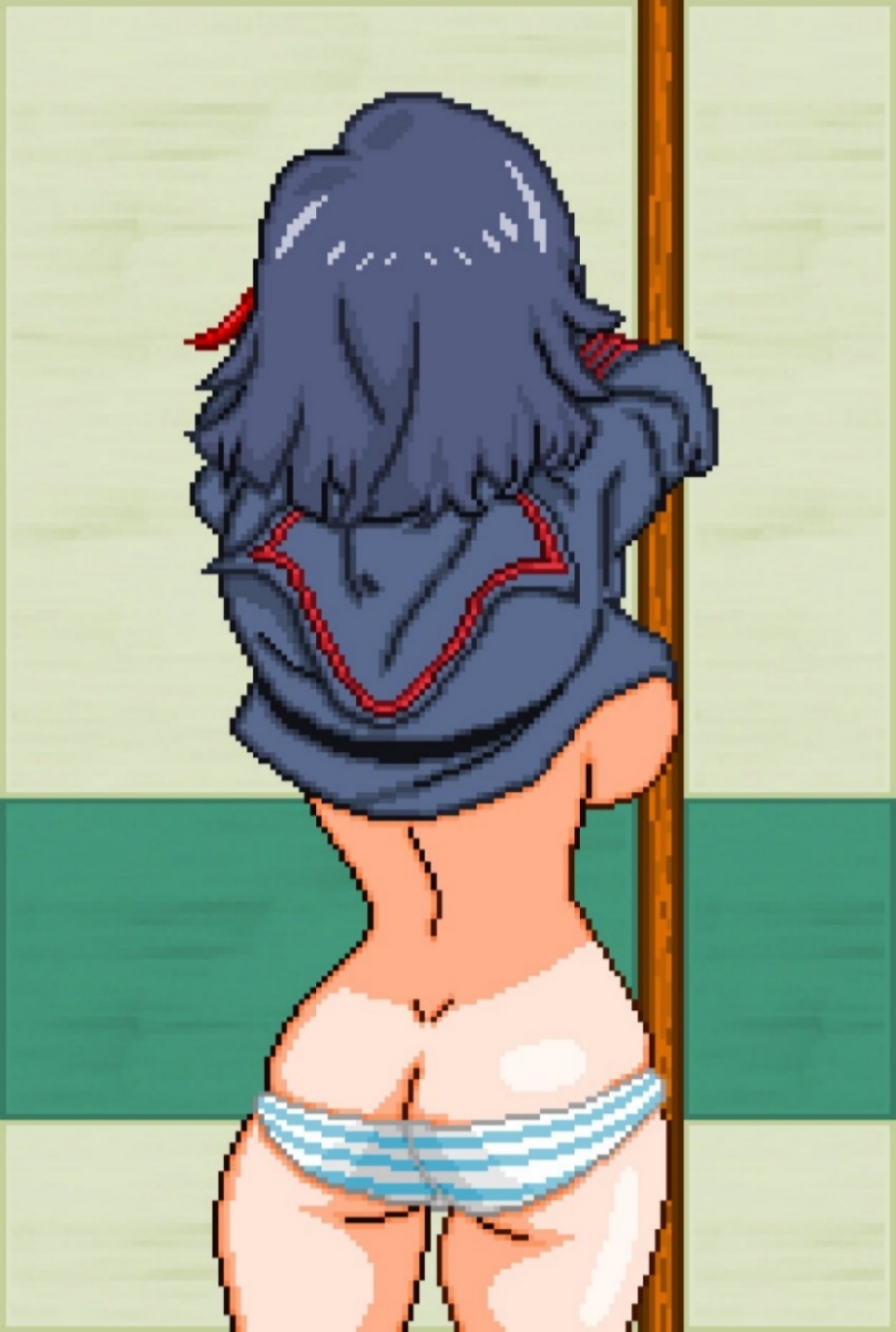 1girls, ass, black hair, black-haired female, butt crack, dimples of venus, facing away, female, from behind, kill la kill, matoi ryuuko, panties, solo, striped, striped panties, underwear
