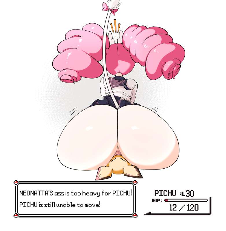 ass hanging out, ass hanging out of skirt, big ass, big thighs, facesitting, female, femdom, gats, humiliation, microskirt, mouse ears, neonatta, nuclearwasabi, pichu, pink hair, pokemon, pokemon (species), school uniform, thunder thighs