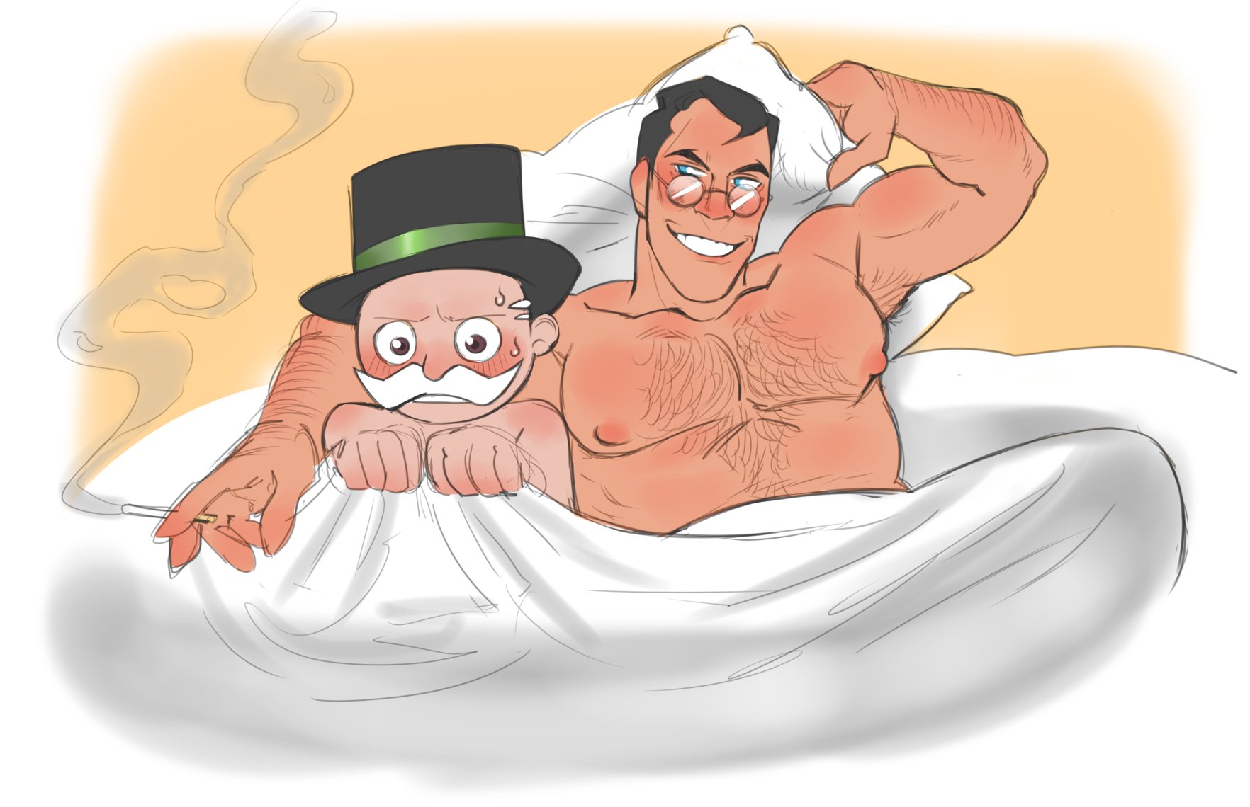 after sex, arm hair, bara, big pecs, blush, blushing profusely, breasts, chest hair, cigarette, crossover, dilf, gay, glasses, grin, holding cigarette, in bed, large pectorals, male, male only, manboobs, medic (team fortress 2), milburn pennybags, monopoly, moustache, older male, pillow, puffy nipples, size difference, sk7f2, team fortress 2, top hat, uncle pennybags, yaoi