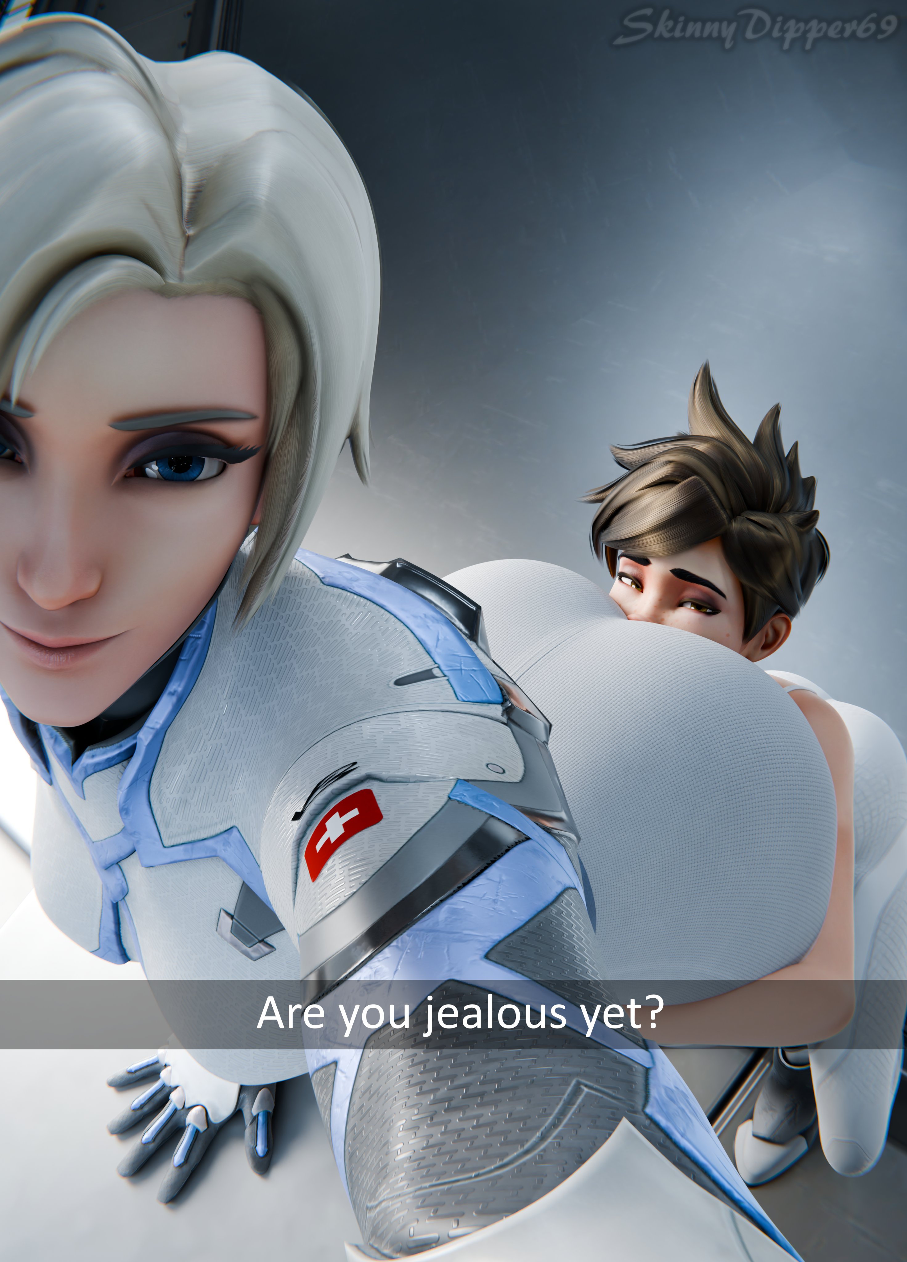 2girls, 3d, ass, ass in face, ass on face, ass worship, blonde hair, blue eyes, bodysuit, brown hair, butt sniffing, clothing, female, huge ass, mercy, overwatch, pale skin, pale-skinned female, selfie, short hair, skinnydipper69, text, thick ass, tracer, wide hips, yuri