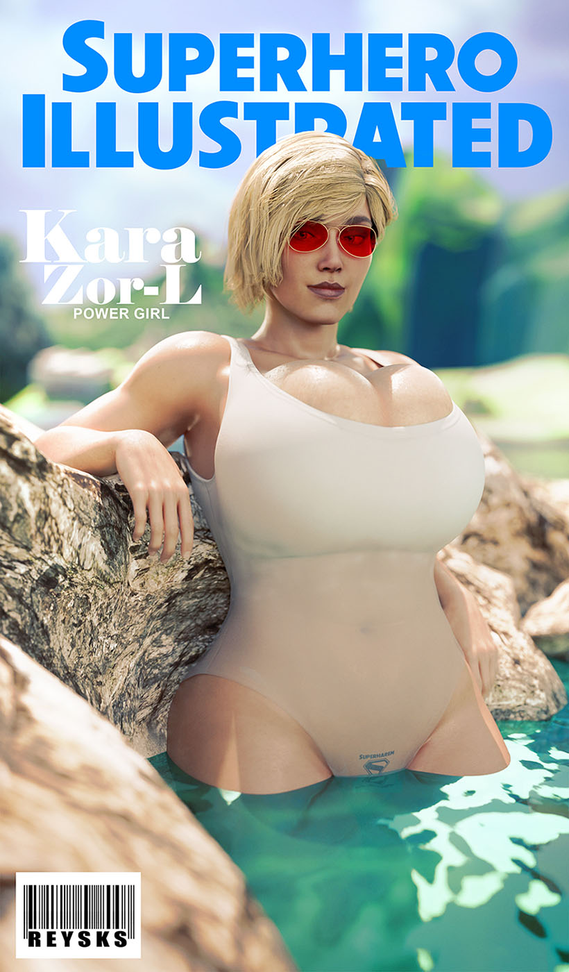 1girls, 3d, 3d (artwork), artist name, bikini, blender, blonde hair, blue eyes, breasts, cape, cleavage, cloud, curvy, dc, dc comics, elbow gloves, female, female only, flying, from below, hands on hips, huge breasts, injustice 2, justice league, kara zor-l, karen starr, leotard, looking at viewer, magazine cover, power girl, power girl (injustice), rysketches, seductive look, seductive smile, sky, smile, solo, superman (series), swimsuit, thick thighs, voluptuous, wide hips