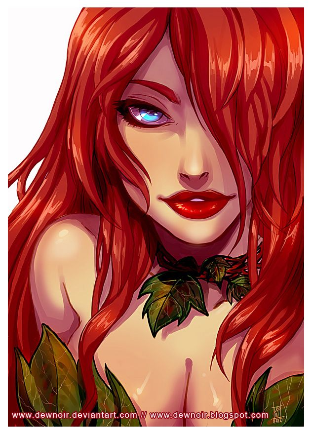 batman (series), blue eyes, breasts, dc, dc comics, dewnoir, face, female, hair over one eye, leaves, poison ivy, red hair, red lips, signature, text