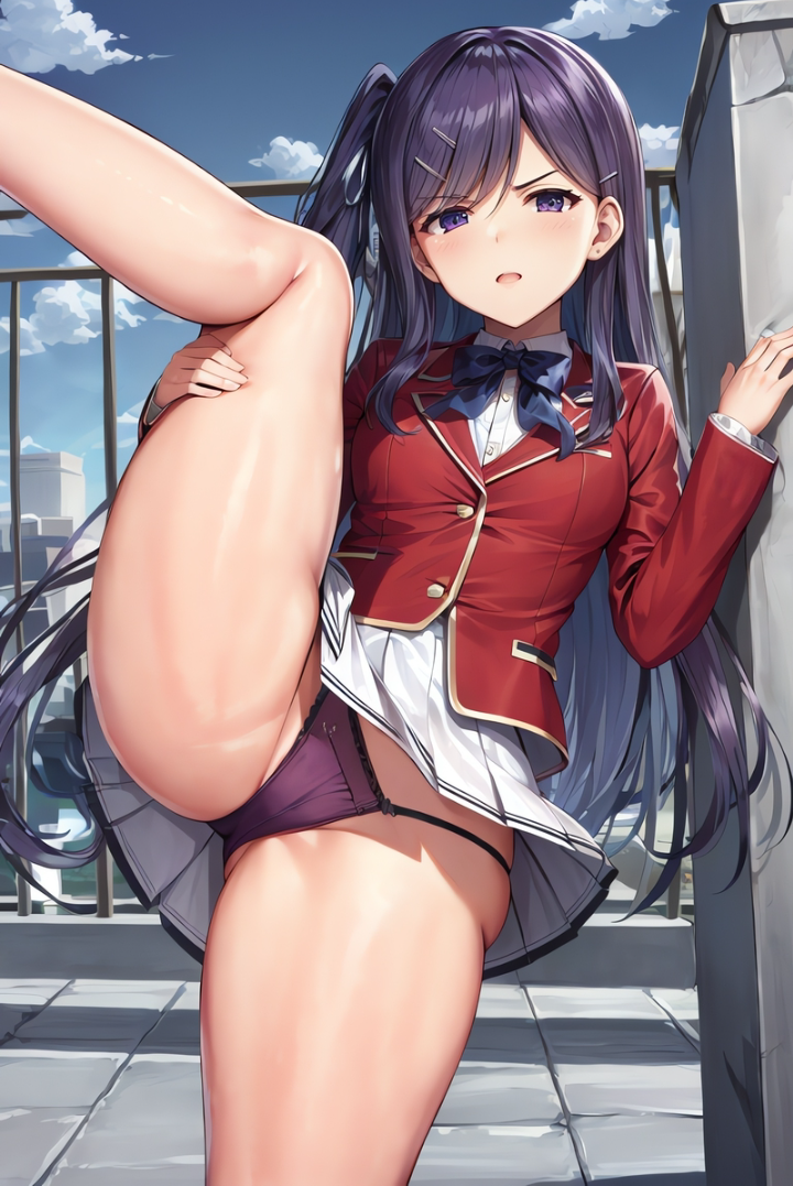 1girls advanced_nurturing_high_school_uniform ai_generated alde blue_bow classroom_of_the_elite female hair_pin kamuro_masumi looking_at_viewer one_leg_raised purple_eyes purple_hair purple_panties red_blazer school_uniform schoolgirl showing_panties white_skirt