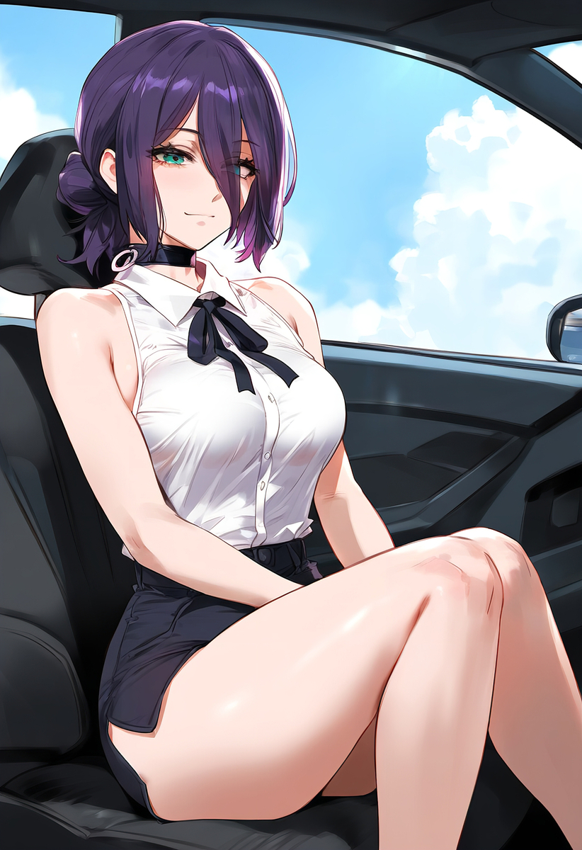 1girls, ai generated, big breasts, breasts, chainsaw man, clothing, curvy, curvy figure, female, female focus, female only, green eyes, hair between eyes, hypnosis, light skin, light-skinned female, necklace, purple hair, reze (chainsaw man), short hair, thick thighs, thighs