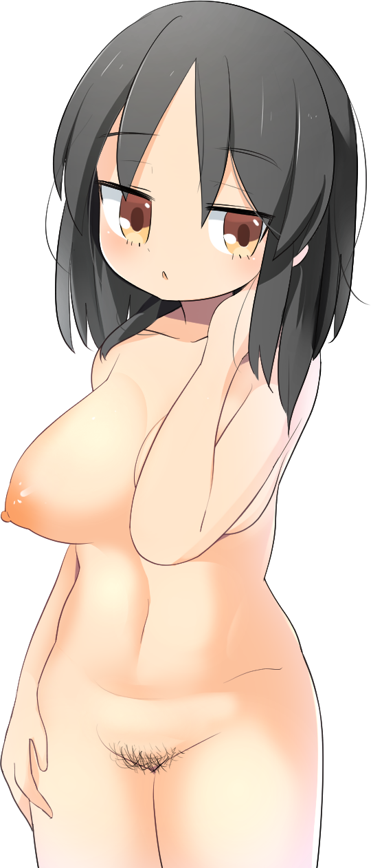 :o black_hair black_pubic_hair breasts completely_nude cookie_(touhou) cowboy_shot expressionless female female_pubic_hair hakurei_reimu hand_in_own_hair highres large_breasts lets0020 looking_at_viewer medium_bangs medium_hair nipples nude open_mouth pubic_hair pussy sananana_(cookie) simple_background solo touhou transparent_background yellow_eyes