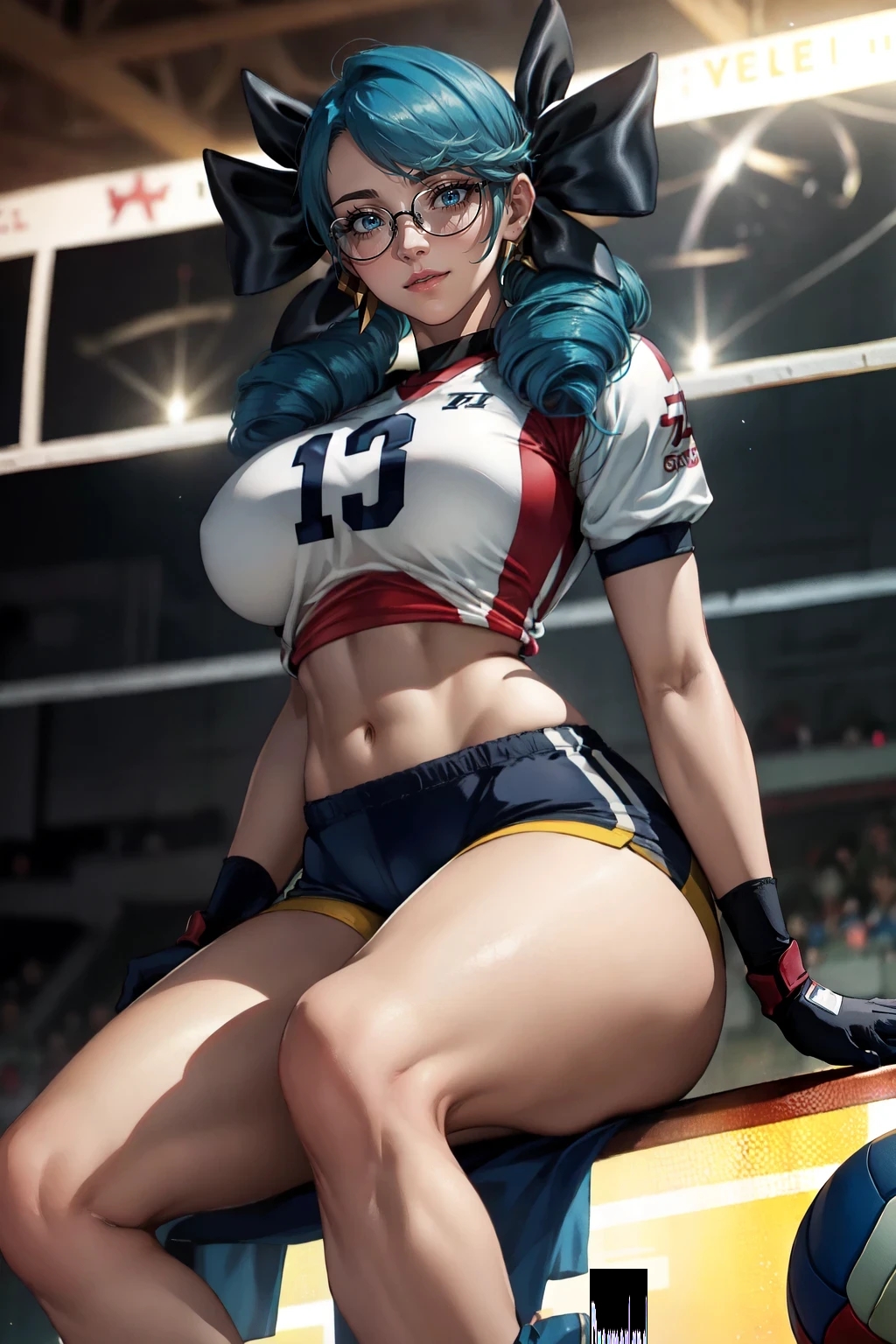 abdomen abdominals abs ai_generated anime anime_style arms belly_button blue_eyes blue_hair blurred_background breasts cute female female_focus female_only fit fit_female fitness glasses glasses_only gloves gwen_(league_of_legends) hair_ribbon hands-free hd hd_(traditional) hourglass_figure league_of_legends light light-skinned light-skinned_female light_blue_hair light_body lighting lips lipstick looking_at_viewer medium_breasts medium_hair midriff navel realistic riot_games shiny shiny_clothes shiny_hair shiny_skin shirt shorts simple_background sitting sky4maleja smile smiley_face thick_thighs thighs_large tight_clothes tight_clothing tight_shirt volleyball volleyball_shorts volleyball_uniform watermark