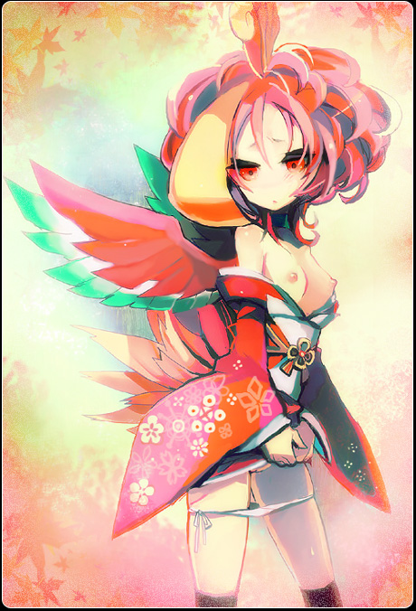 breasts clothing female female_only ho-oh humanized kantarou_(8kan) nintendo panties panties_down pokemon pussy red_eyes small_breasts solo underwear wings