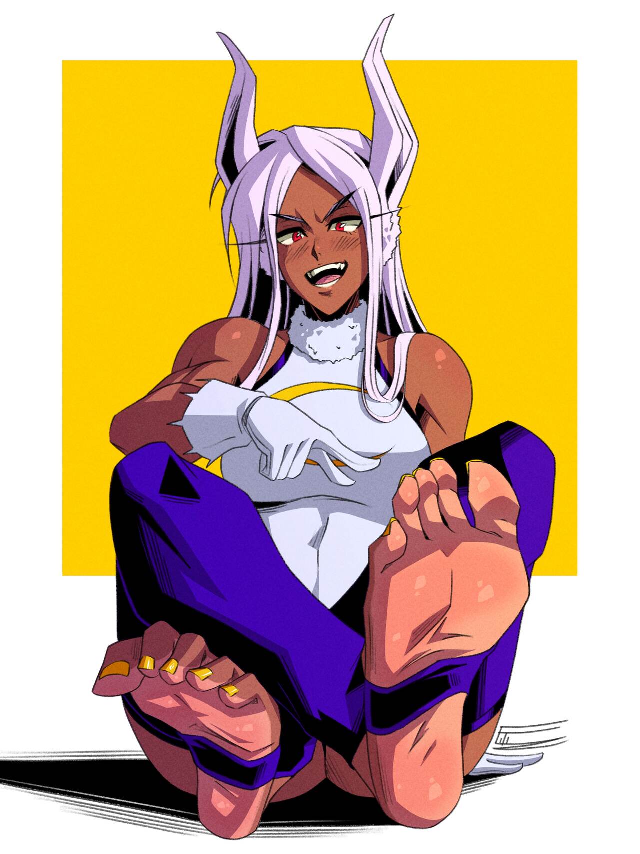 1girls 2024 athletic_female big_feet blush boku_no_hero_academia bunny_ears bunny_girl countershade_feet dark-skinned_female dark_skin feet feet_focus female fit_female fitiddies foot_fetish foot_focus fur_collar gloves hero_outfit_(mha) lagomorph long_hair long_toes looking_at_viewer meaty_soles miruko my_hero_academia pointing_at_foot presenting_feet rabbit_ears rabbit_girl red_eyes simple_background soles stirrup_legwear stirrup_socks toenail_polish toenails white_gloves white_hair yellow_nails yellow_toenails