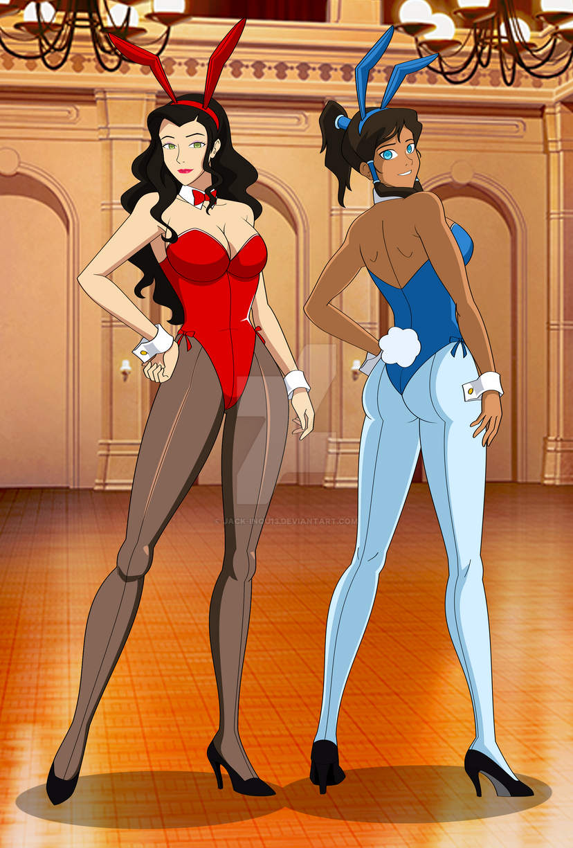 2girls asami_sato ass avatar_legends avatar_the_last_airbender black_hair blue_eyes blue_leotard bowtie breasts bunny_ears bunny_tail canon_couple detached_collar fake_animal_ears fake_tail female female_only green_eyes high_heels hypnosis jimryu korra large_breasts leotard long_hair looking_at_viewer mind_control multiple_girls pantyhose playboy_bunny ponytail red_leotard the_avatar the_legend_of_korra water_tribe wrist_cuffs