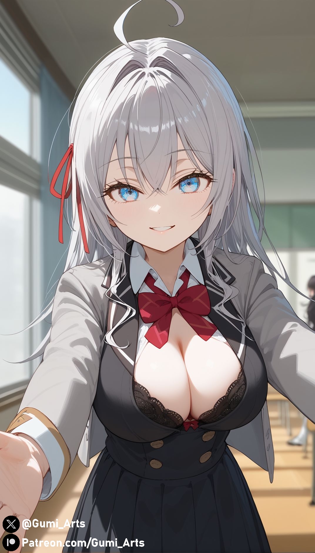 ai generated, alisa mikhailovna kujou, blue eyes, bra, breasts, classroom, cleavage, female, gumi arts, indoors, large breasts, looking at viewer, open clothes, outstretched arms, pov, school uniform, silver hair, smile, stable diffusion, tokidoki bosotto russian de dereru tonari no alya-san