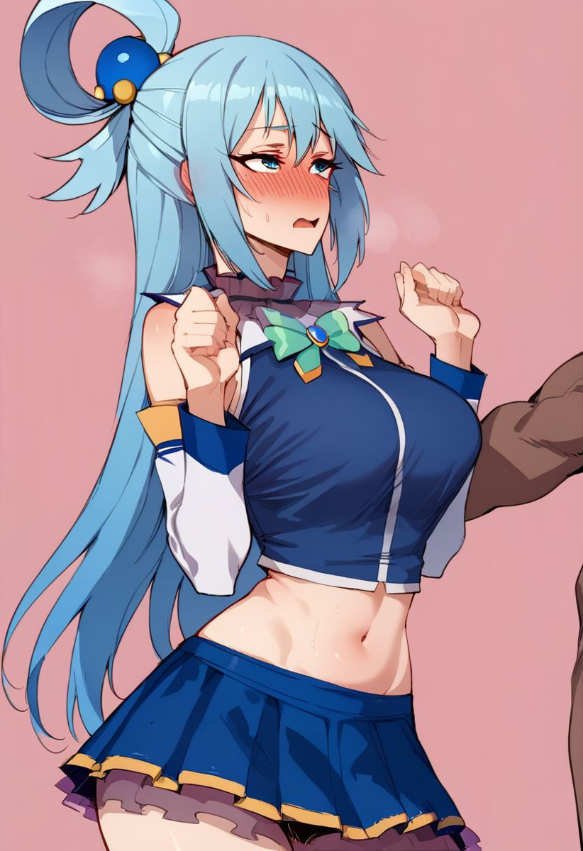 1boy 1girls ai_generated aqua_(konosuba) bare_shoulders bare_thighs big_breasts blue_eyes blue_hair blush clothed clothing color embarrassed female female_focus hi_res kono_subarashii_sekai_ni_shukufuku_wo! large_breasts light-skinned_female light_skin long_hair looking_at_viewer male netorare ntr santaclausai tagme thick_thighs