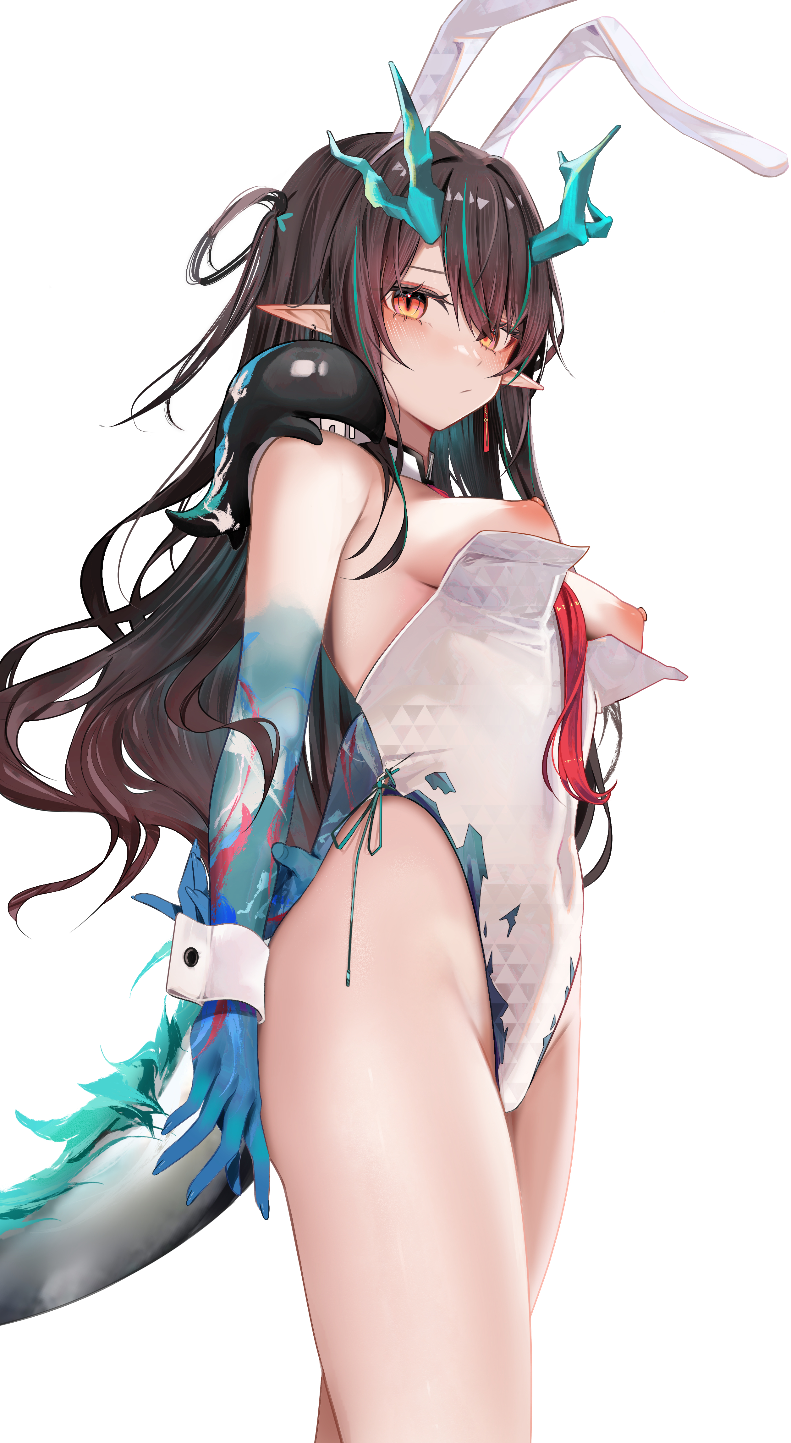 animal ears, areola, arknights, bunny ears, bunny girl, bunnysuit, dusk (arknights), female, horns, leotard, nipples, no bra, nopan, pointy ears, ru zhai, tail, wrist cuffs