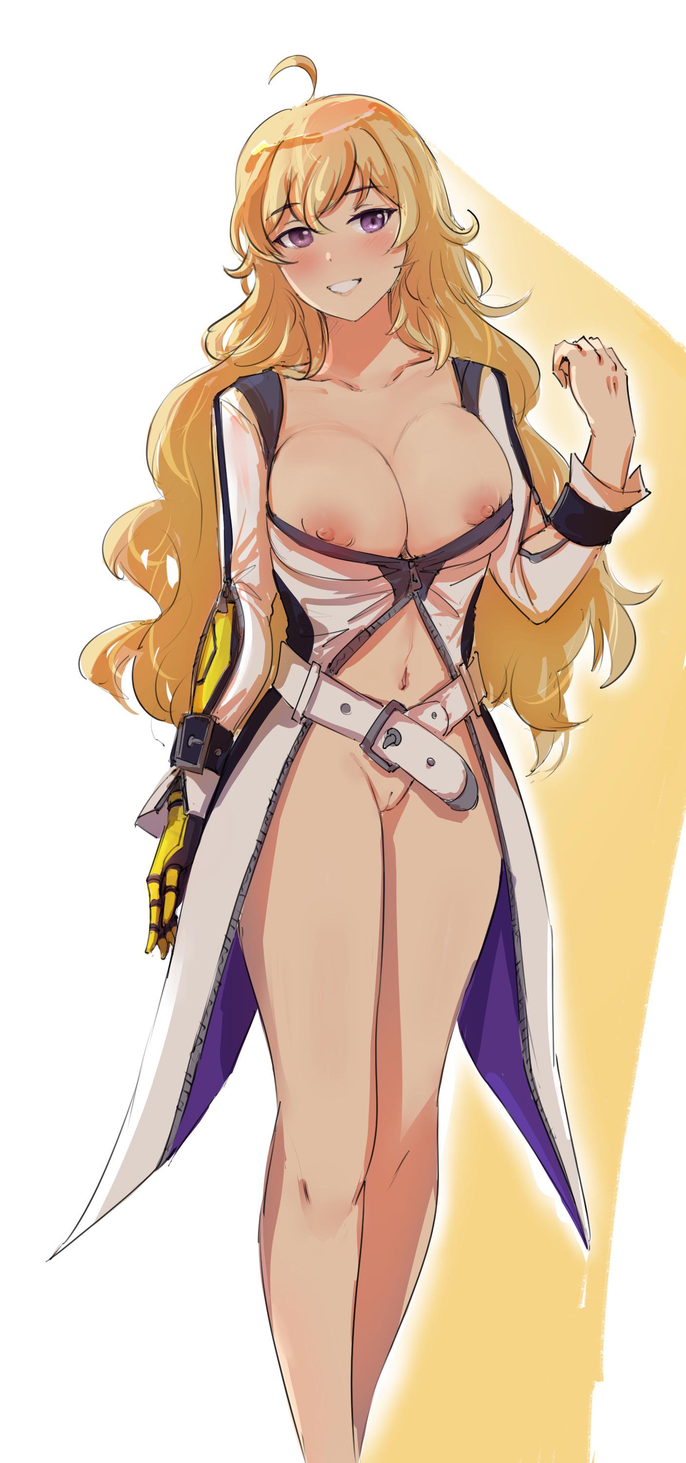 1girls, blonde female, blonde hair, breasts, erojiji3, female, half naked, half-dressed, long hair, long-haired female, purple eyes, robotic arm, rwby, solo female, tight clothing, yang xiao long