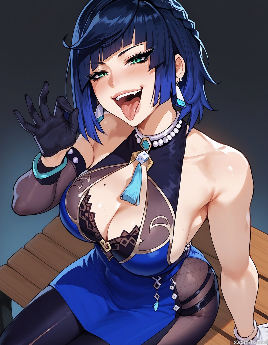 1girls, ai generated, balecxi, blue hair, breasts, cleavage, earrings, fellatio gesture, female, from above, genshin impact, gloves, green eyes, half-closed eyes, large breasts, looking at viewer, short hair, sideboob, sitting, solo, tongue, tongue out, yelan (genshin impact)