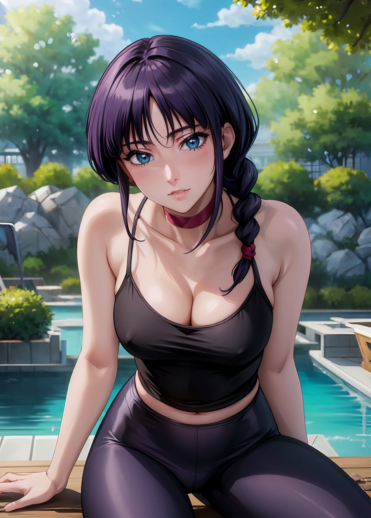 1girls, 2d, ai generated, aqua eyes, athletic, athletic female, bare shoulders, belly, big breasts, bleach, bleach: the thousand-year blood war, blue eyes, braid, breasts, cameltoe, chest, choker, cleavage, curvy, curvy figure, cute, cute face, dark hair, detailed, empty, eyelashes, female, female only, fit, fit female, focus, fully clothed, high quality, kurotsuchi nemu, leggings, legs, light skin, light-skinned female, lips, lipstick, long hair, looking at viewer, makeup, mascara, mature, medium breasts, midriff, naked, navel, pale skin, pale-skinned female, perky breasts, posing, purple hair, pussy, seductive, seductive look, shy, skin tight, stable diffusion, tank top, thighs