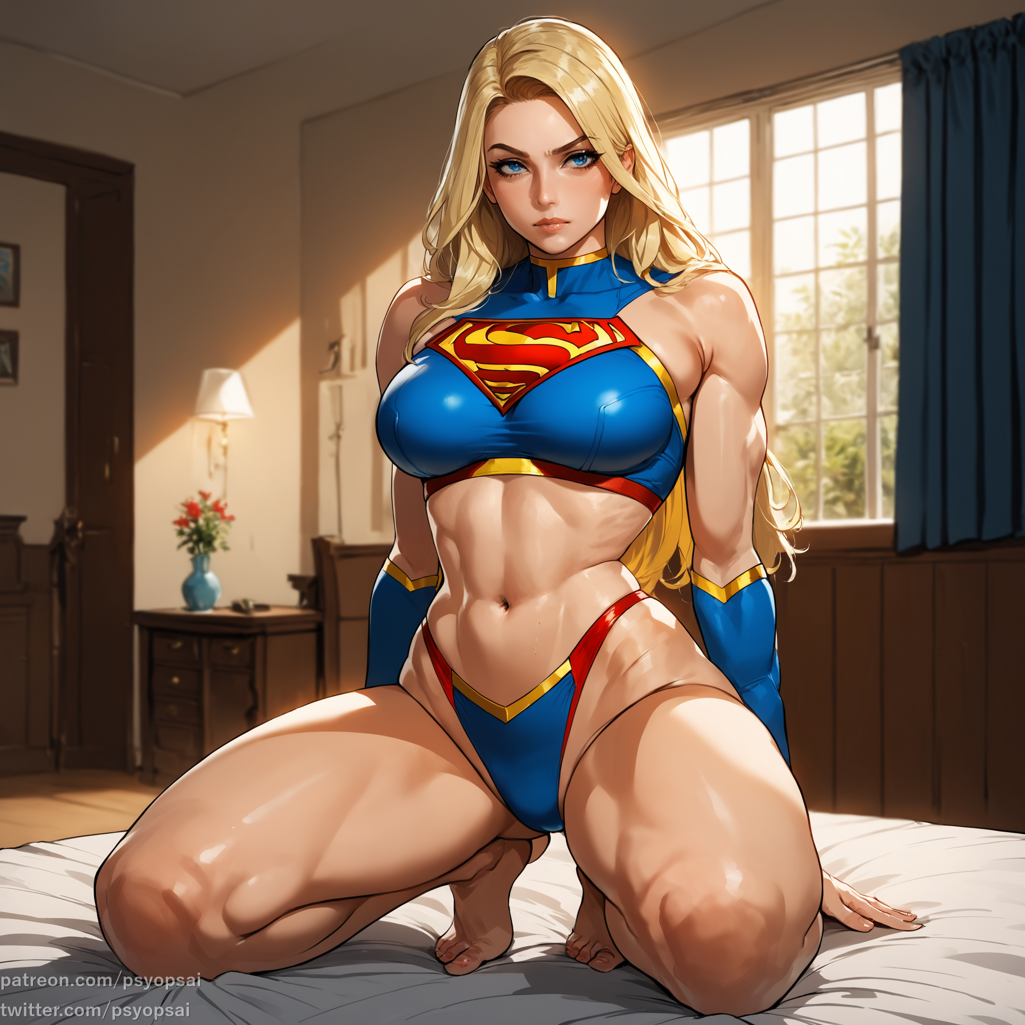 1girls, abs, ai generated, blonde female, blonde hair, blue eyes, breasts, cape, clothed, clothing, dc, dc comics, female, female focus, female only, fit, fit female, front view, muscles, psyopsai, solo, solo focus, standing, supergirl, superman (series), thick thighs, tight clothing, underwear