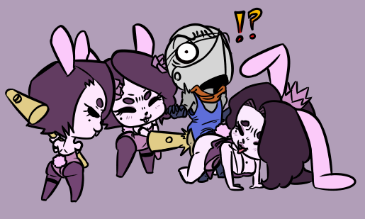 ! 1boy 3girls ? all_fours animal_ears anthro armor big_breasts big_butt blush breasts bunnysuit crown daughter dayton-qrn doggy_style female from_behind fur furry hair hammer headgear helmet knight knight_(towergirls) lagomorph long_ears male mammal milf mother multiple_girls parent penetration princess purple_background purple_hair rabbit rabbit_ears rabbit_princess_(towergirls) royalty sex surprised tongue_out tools towergirls young