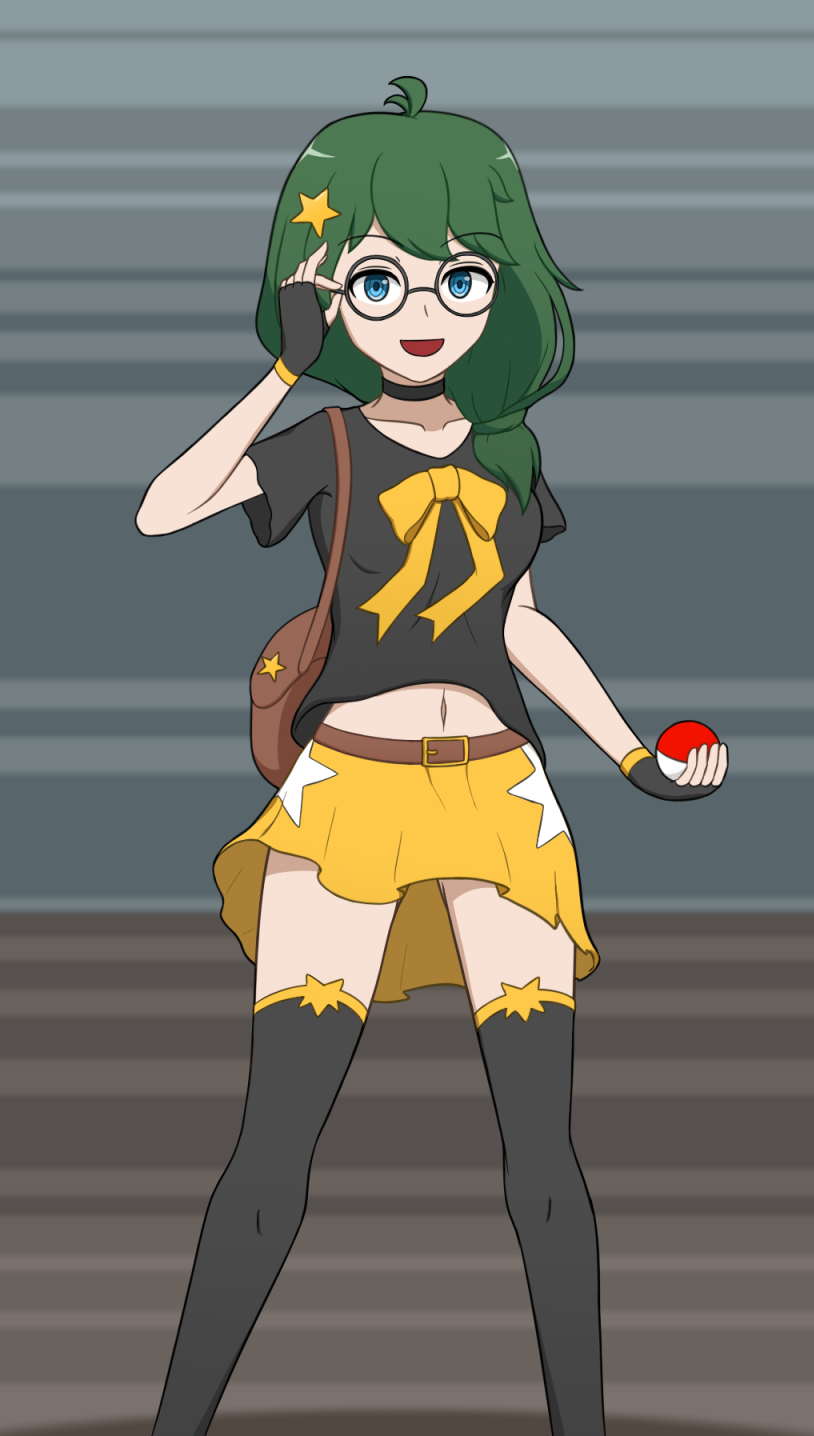 1girls blue_eyes clothed fangame fangame_character female female_only glasses green_hair ivy_(pokerogue) johnthems pokemon pokemon_fangame pokerogue skirt