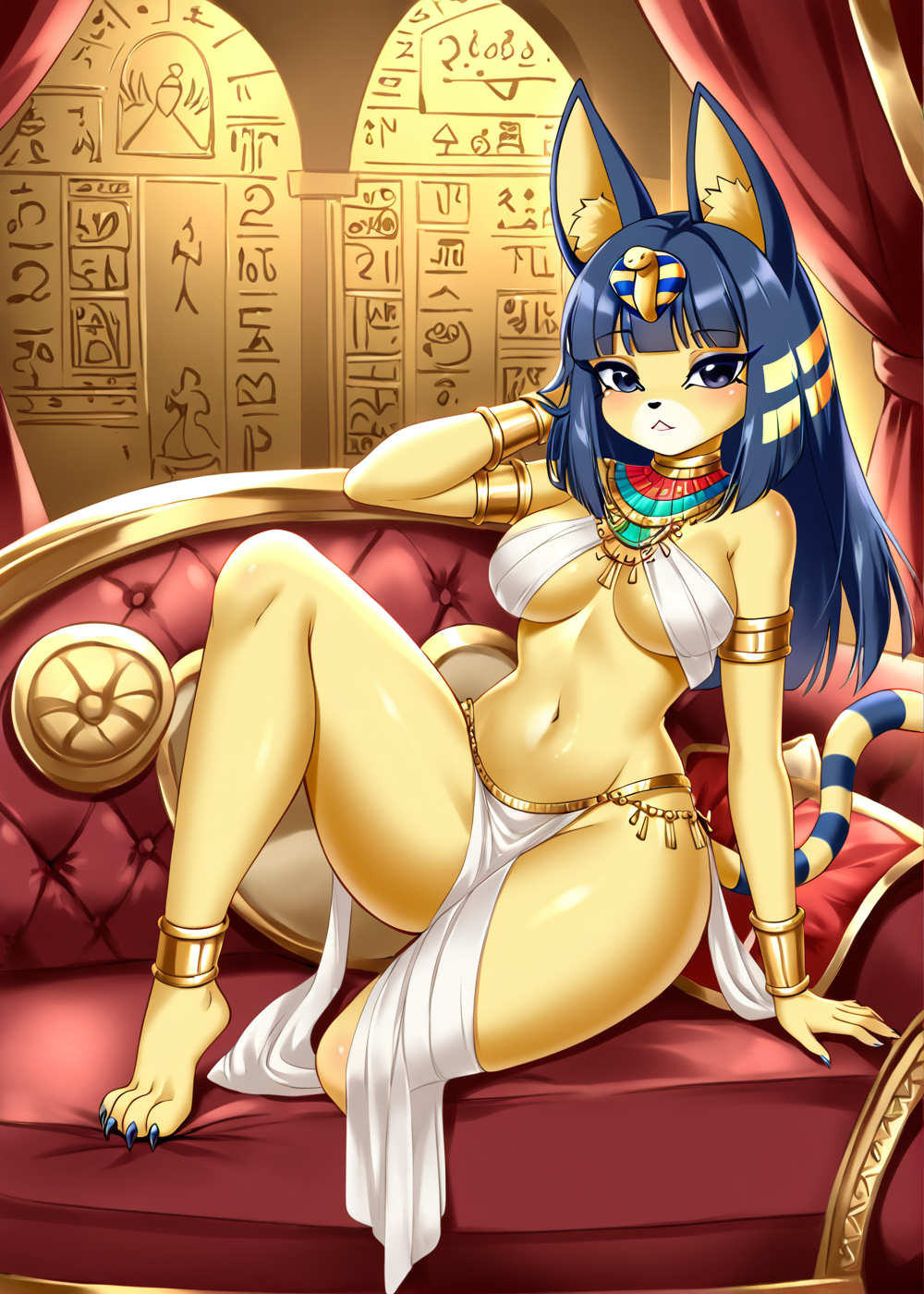 1girls ai_generated animal_crossing ankha anthro axol_thebashful cat_ears cat_tail catgirl egyptian egyptian_clothes female_only golden_bracelets hieroglyphs isabelle_(animal_crossing) long_nails revealing_clothes tagme yellow_fur