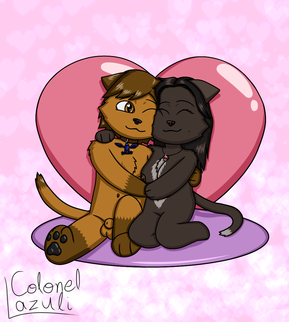 1boy 1girls anthro black_fur breasts brown_fur cat_girl collar colonel_lazuli cuddling cute dog_boy female flaccid_penis furry furry_only gift_art long_hair love lovers male naturism necklace nipples nude nude_female nude_male nudism penis pink pink_background romantic_ambiance romantic_couple valentine's_day