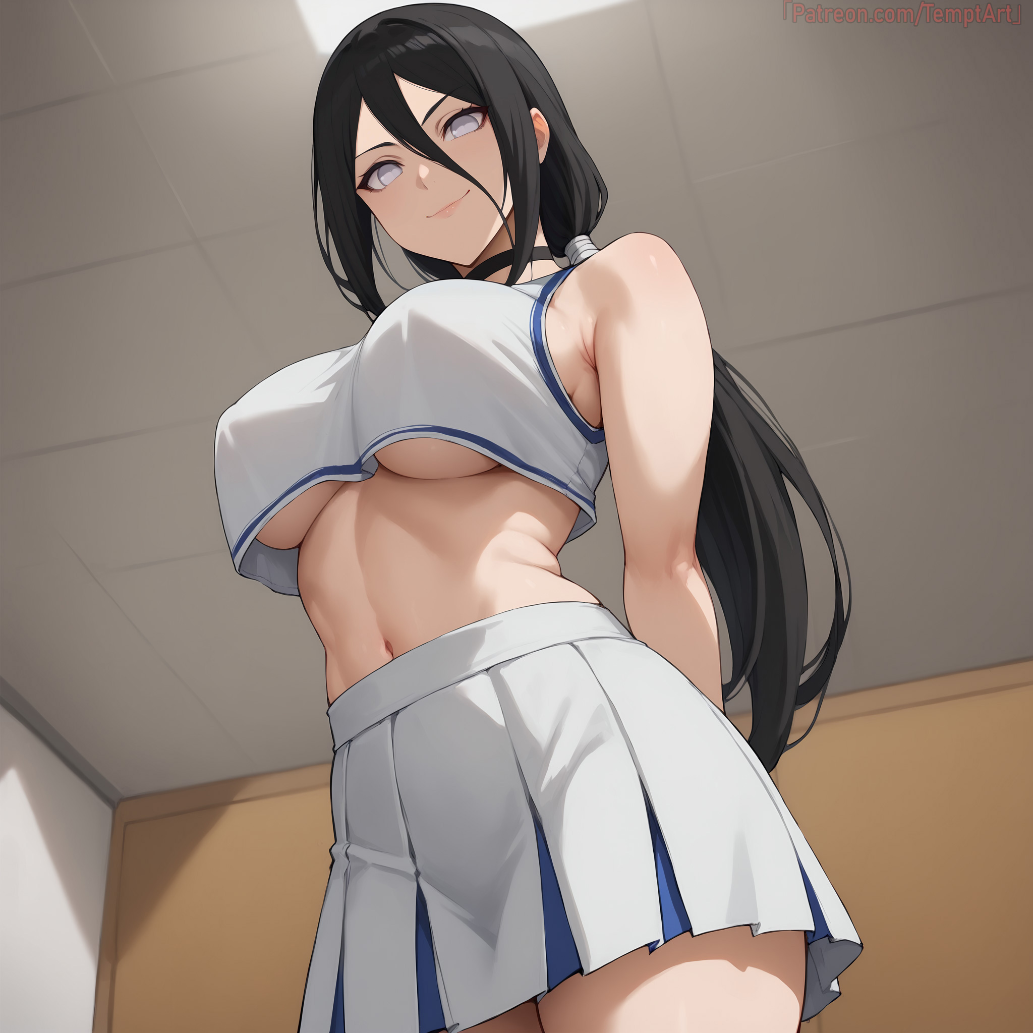 1girls, ai generated, alternate costume, arms behind back, bangs, bare midriff, bare shoulders, bare thighs, big breasts, blush, boruto: naruto next generations, breasts, brown hair, cheerleader, cheerleader outfit, cheerleader uniform, cleavage, clothing, commentary, crop top, curvaceous, female, female focus, from below, hair between eyes, huge breasts, hyuuga hanabi, legs together, low ponytail, low-tied long hair, midriff, nai diffusion, naruto, naruto (series), no bra, no bra under clothes, patreon username, ponytail, shirt, skirt, sleeveless, sleeveless shirt, smile, stable diffusion, temptart, text, thick thighs, thighs, tied hair, underboob, url, very long hair, viewed from below, violet eyes, voluptuous, watermark, web address