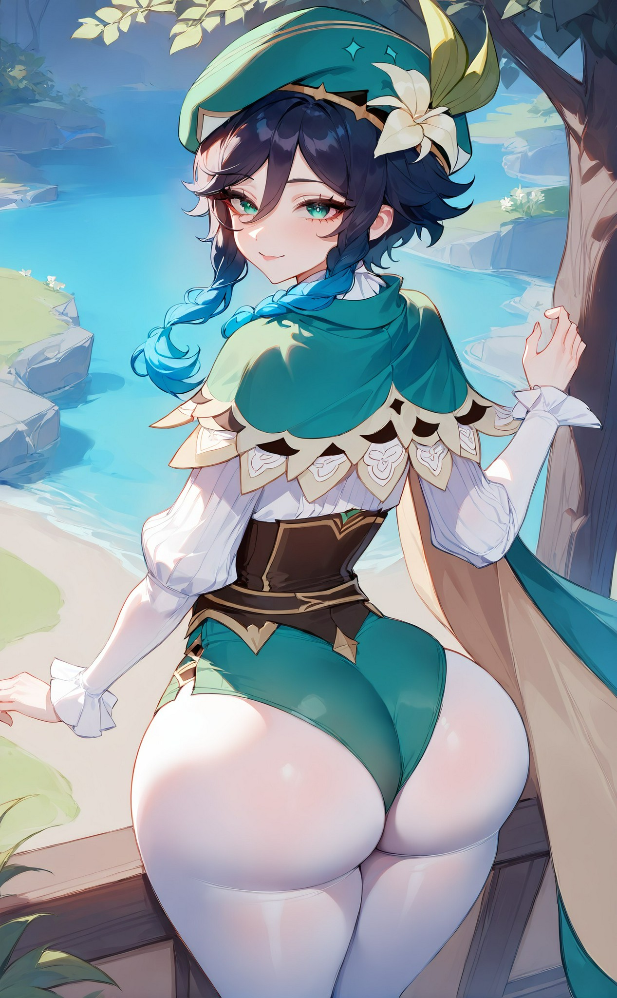 1boy, ai generated, ass, big ass, big butt, big thighs, curvy, curvy body, curvy figure, femboy, gay, genshin impact, green eyes, green hair, male, male only, solo, thick ass, thick butt, thick thighs, venti (genshin impact), yaoi