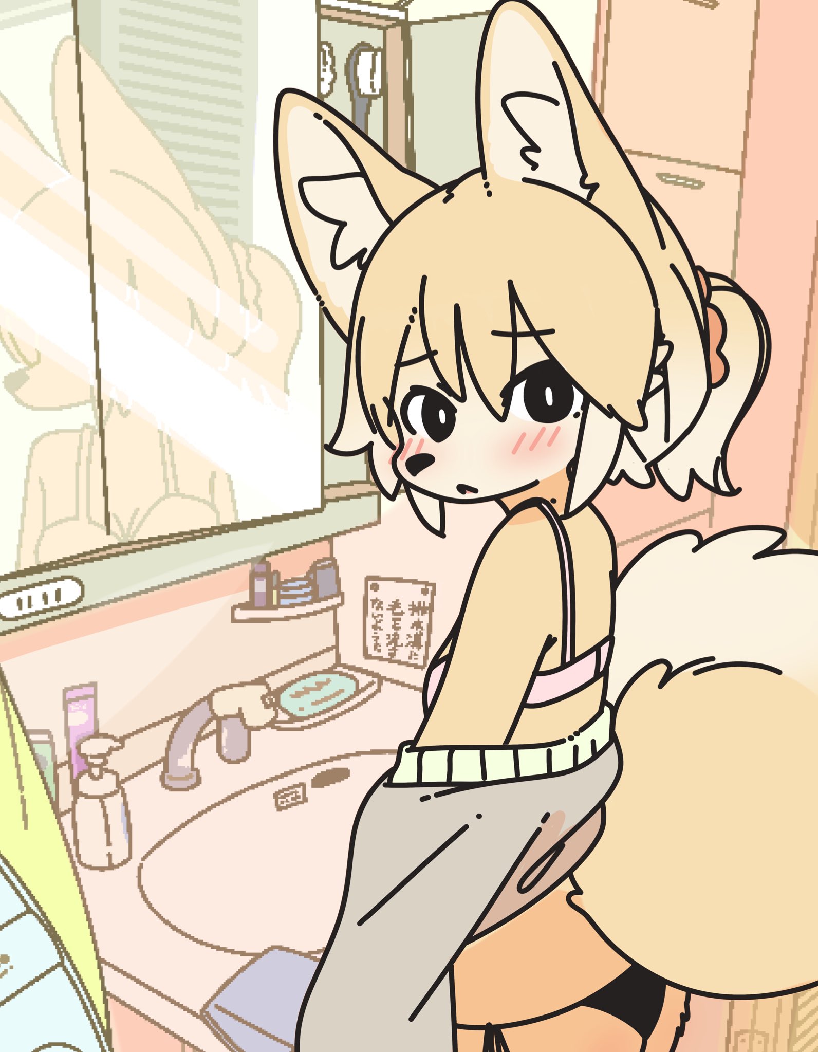 1girls, bathroom, black panties, blush, doremifaso64, female, mirror, panties, tagme