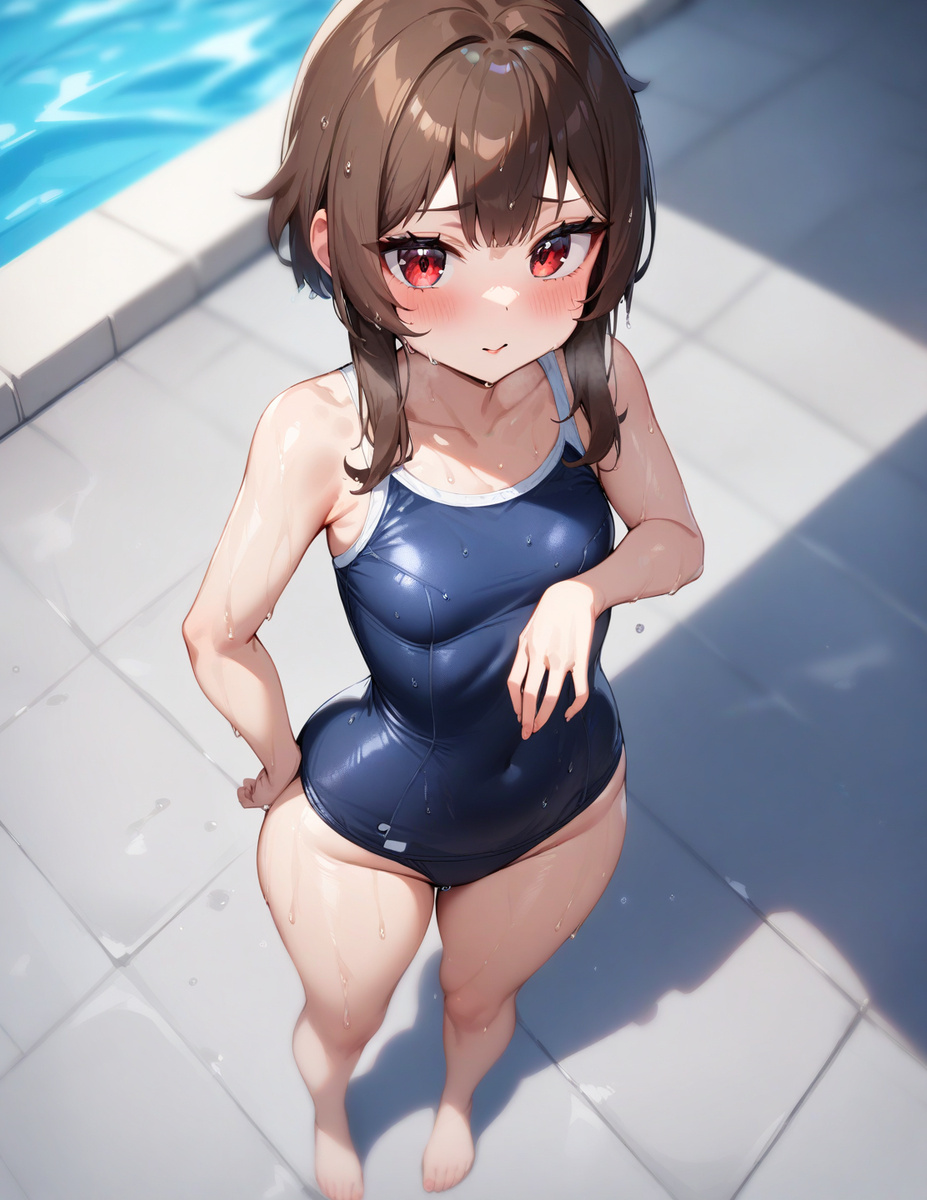 1girls, ai generated, bare legs, black hair, blush, breasts, brown hair, feet, female, female only, from above, kono subarashii sekai ni shukufuku wo!, light skin, light-skinned female, looking at viewer, megumin, one-piece swimsuit, poolside, red eyes, short hair, small breasts, smiling at viewer, solo, solo female, sweat, sweaty, swimsuit, thick thighs, thighs, toes, wide hips