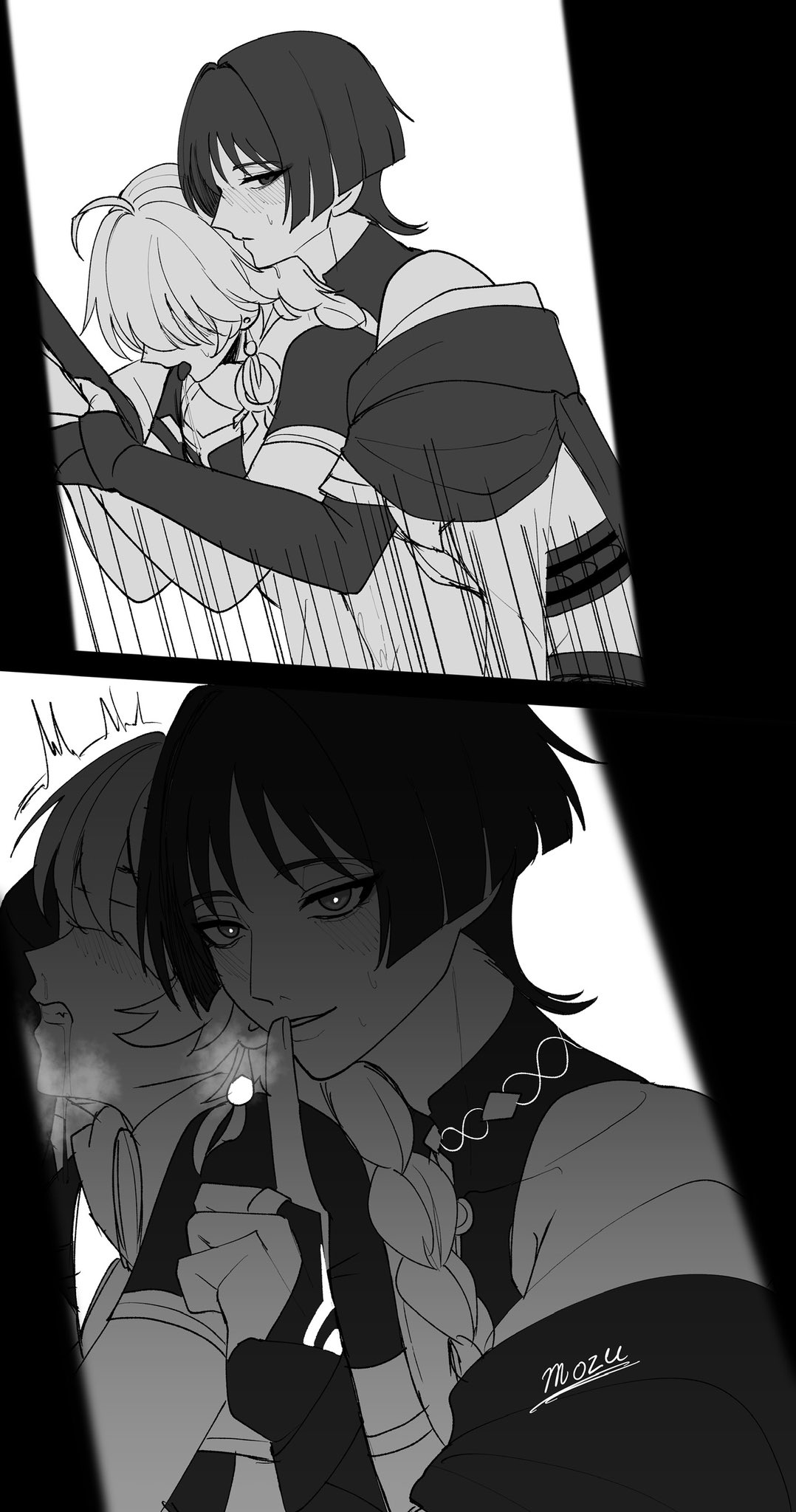 2boys, aether (genshin impact), against wall, blush, braided ponytail, clenched teeth, comic, covered eyes, drooling, femboy, gay, genshin impact, greyscale, looking at viewer, male, male on femboy, male only, male penetrating, maledom, monochrome, peeping, scaramouche (genshin impact), shushing, twink, watching, watching sex, yaoi
