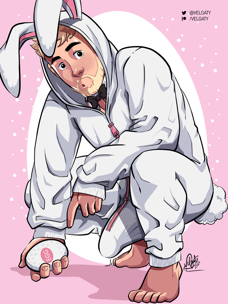 bara beard big_bulge blush bulge clothing easter easter_bunny erection_under_clothes looking_at_viewer male male_only muscular_male penis_outline penis_under_clothes tight_clothing velgaty