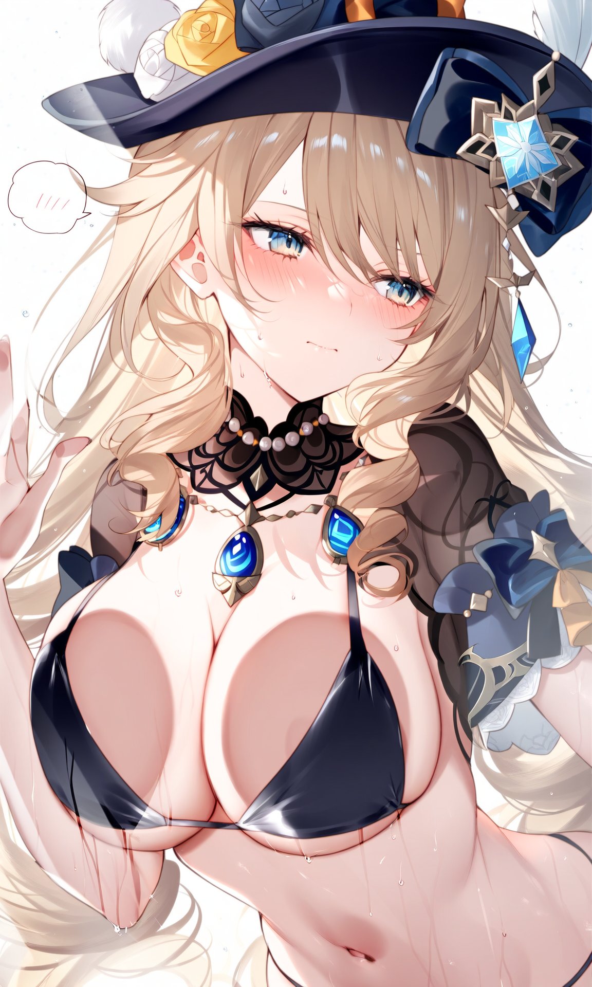 1girls, ai generated, bikini top, blonde hair, blue eyes, breast press, breasts, breasts against glass, breasts on glass, breasts squeezed together, busty, drill hair, female, genshin impact, large breasts, nai diffusion, navia (genshin impact), solo, stable diffusion
