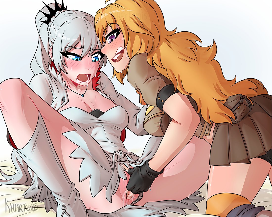 2girls blush clothed drooling fingering fingering_partner fingering_pussy khartemis multiple_girls orange_hair rwby tears weiss_schnee white_hair yang_xiao_long yuri