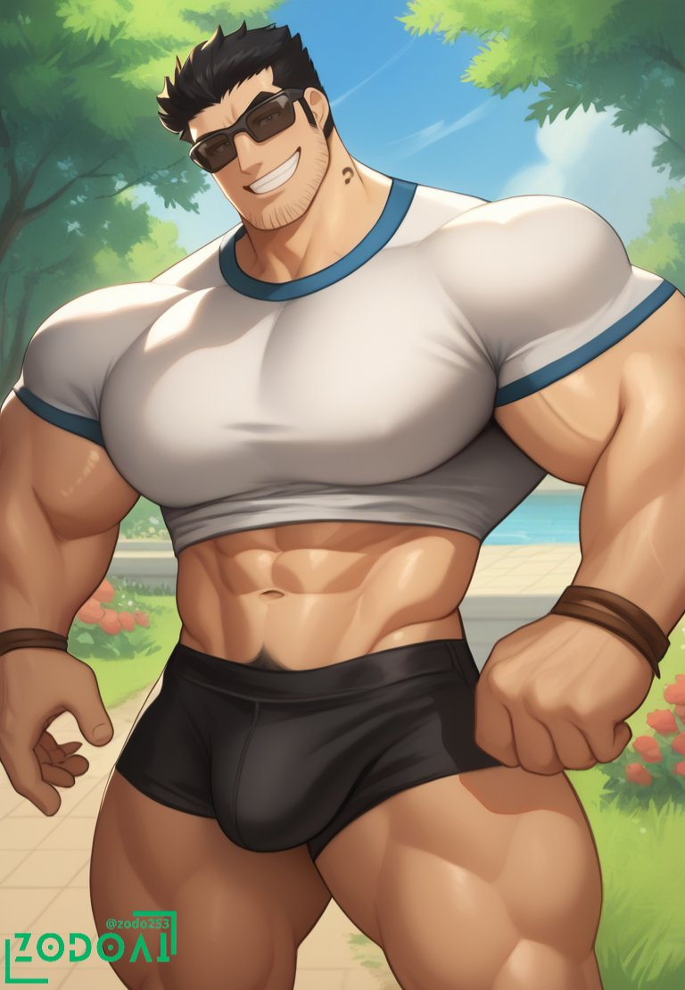 ai_generated bara beard_stubble black_hair bulge clothing lucas_lee male male_only muscular_male scott_pilgrim tight_clothing zodoai