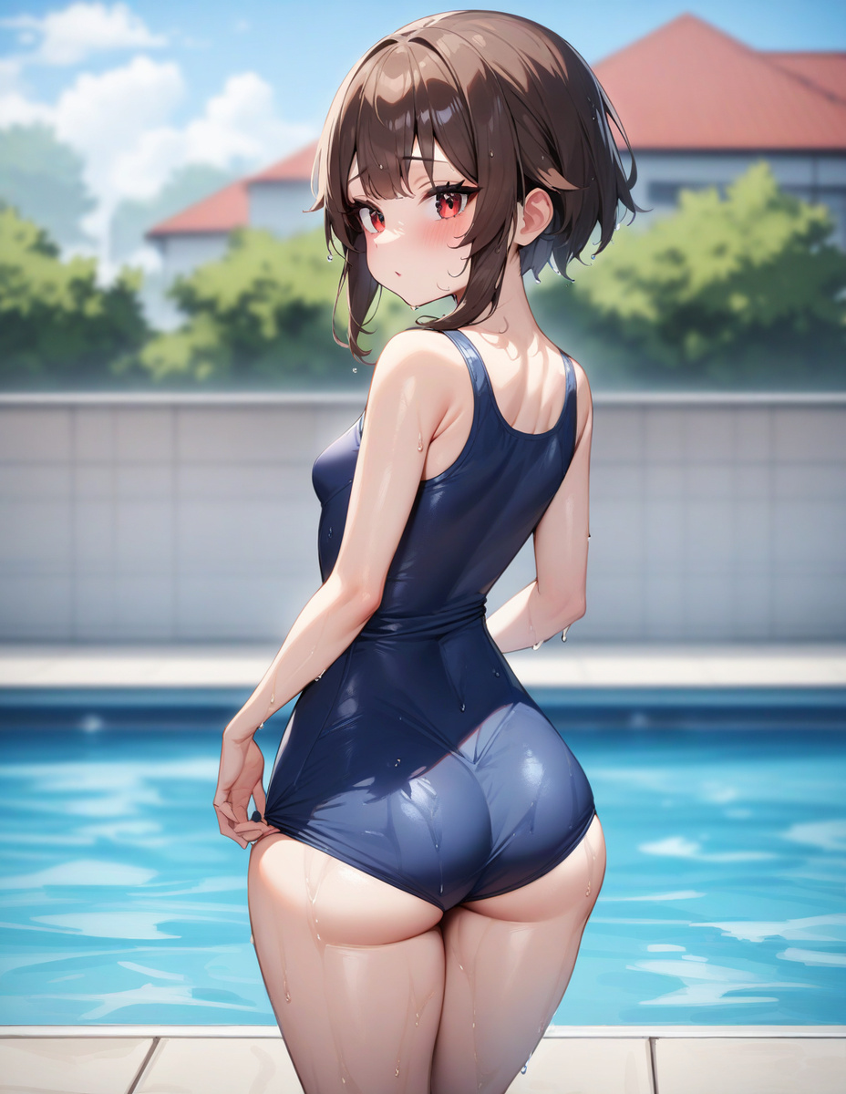 1girls, ai generated, ass, back view, bare legs, big ass, big butt, black hair, blush, breasts, fat ass, female, female only, kono subarashii sekai ni shukufuku wo!, light skin, light-skinned female, looking at viewer, looking back, megumin, one-piece swimsuit, poolside, red eyes, short hair, small breasts, solo, solo female, thick thighs, thighs
