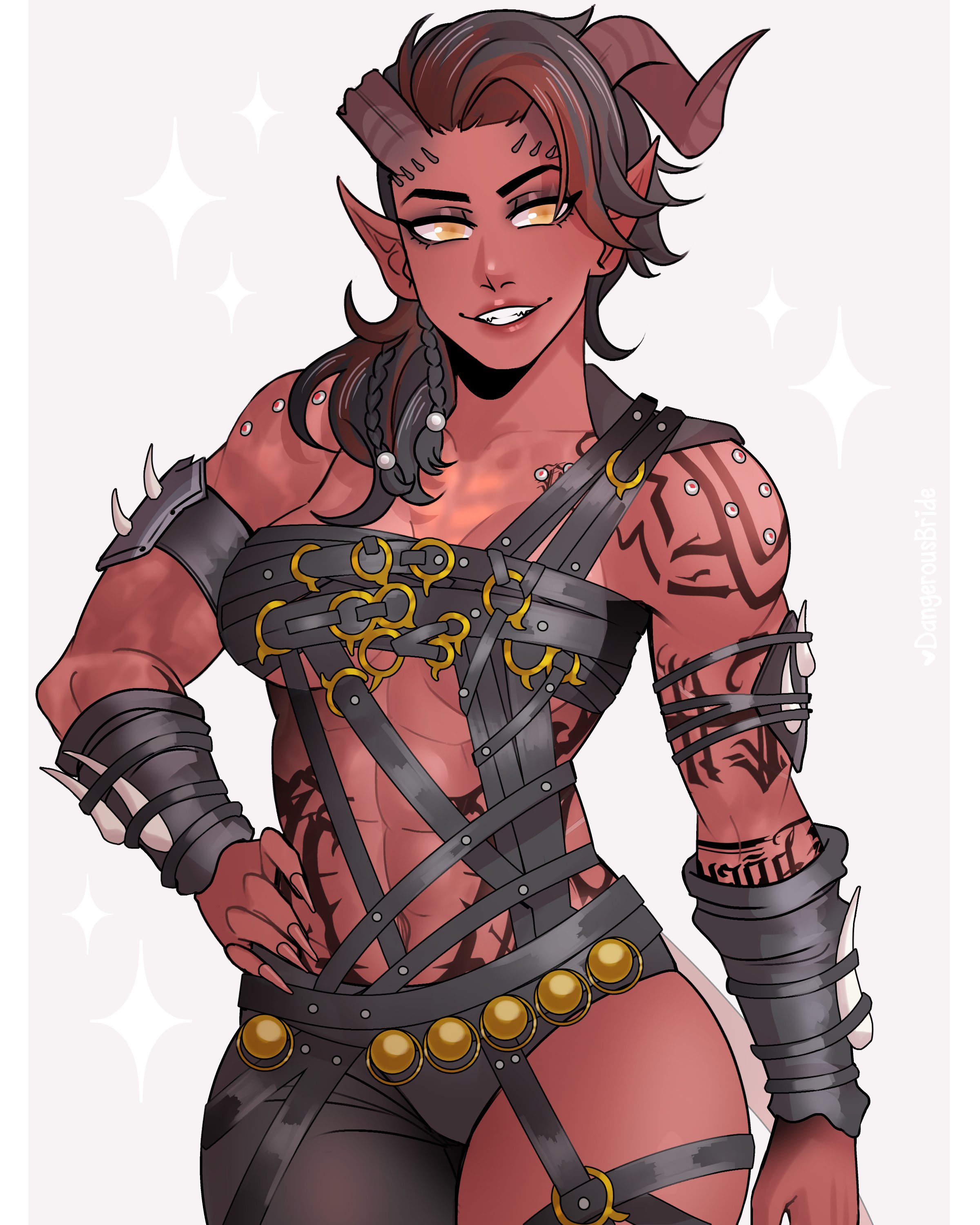 1girls, abs, baldur's gate, baldur's gate 3, black hair, body markings, broken horn, dangerousbride, dungeons and dragons, female, female only, forgotten realms, horns, karlach, looking at viewer, muscular, muscular female, pointy ears, red hair, red skin, smiling, smiling at viewer, solo, straps, tiefling, tiefling girl, two-tone hair, very high resolution, yellow eyes