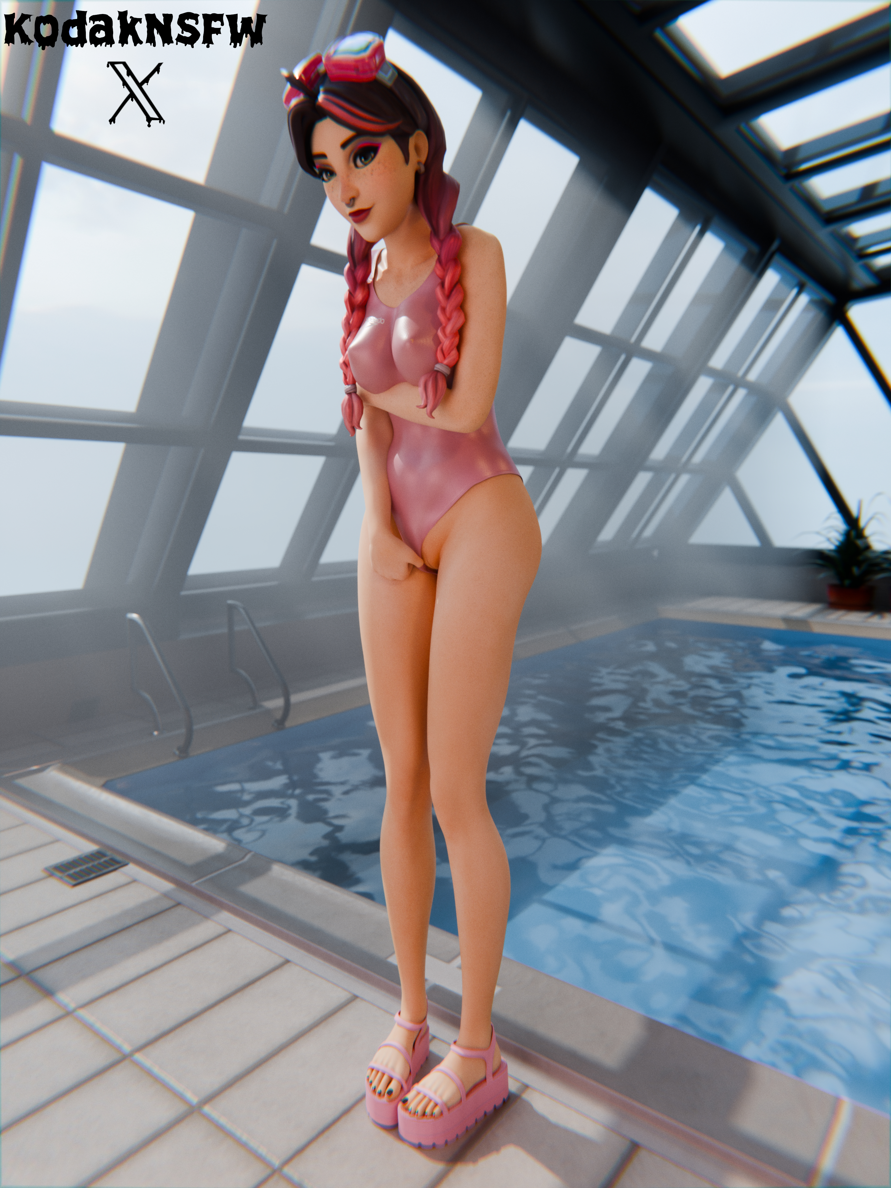 1girls, 3d, bathing suit, beach jules, female, fortnite, fortnite: battle royale, gravure, heels, idol, jules (fortnite), kodaknsfw, looking at viewer, pale-skinned female, panties aside, pink hair, pool, poolside, sandals, shoes, swimming pool, swimsuit, swimsuit aside, swimwear