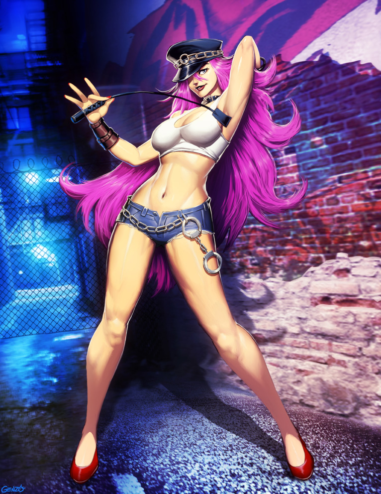 capcom cleavage collar female final_fight genzoman long_hair navel peaked_cap pink_hair poison_(final_fight) shoes shorts skimpy solo standing tank_top whip