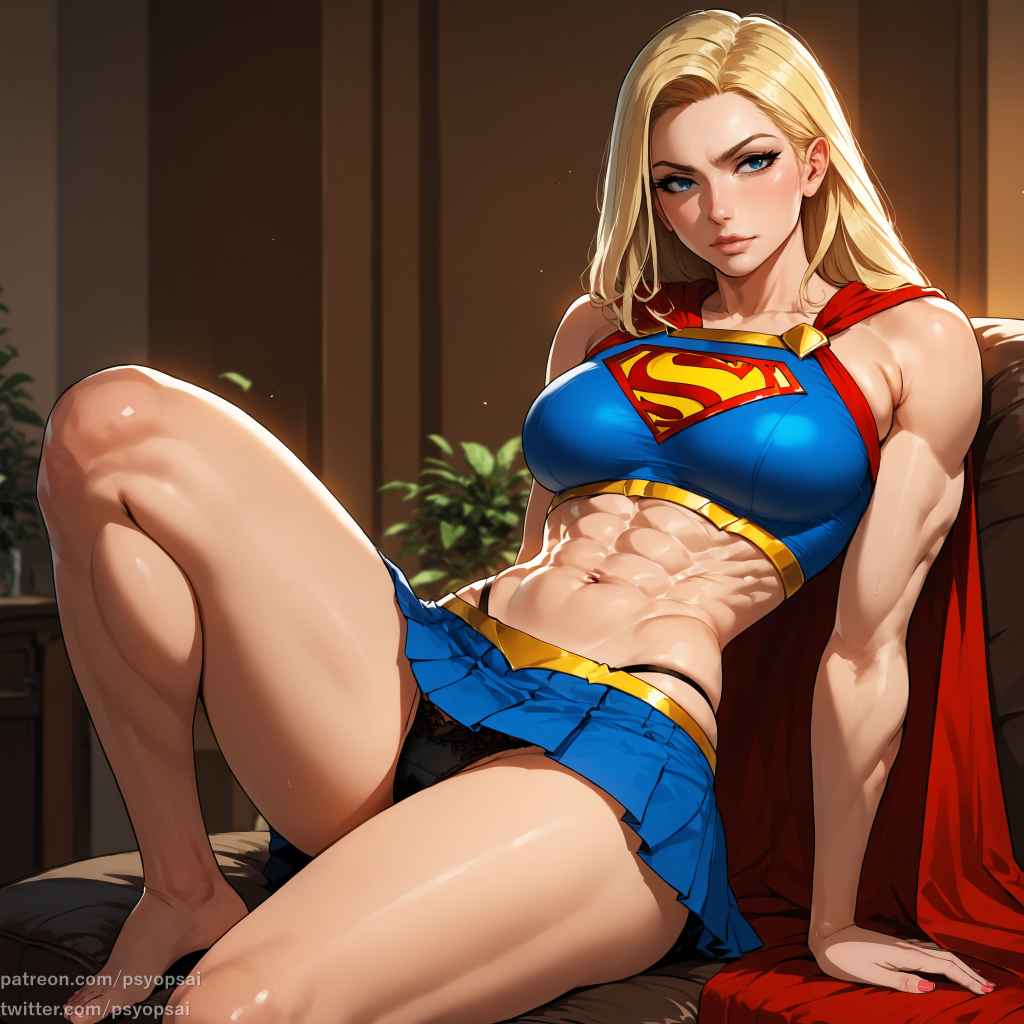 1girls, abs, ai generated, blonde female, blonde hair, blue eyes, breasts, cape, clothed, clothing, dc, dc comics, female, female focus, female only, fit, fit female, front view, muscles, muscular, muscular female, panties, psyopsai, skirt, solo, solo focus, standing, supergirl, superman (series), thick thighs, tight clothing, underwear