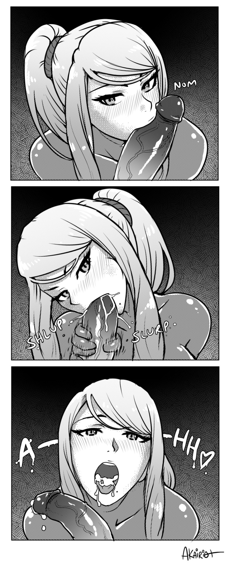 1boy, 1girls, after fellatio, after oral, akairiot, bangs, bimbo, blowjob, bodysuit, cheek bulge, cum, cum in mouth, cum on tongue, cumshot in mouth, faceless male, fellatio, female, gloved handjob, gloves, greyscale, hand on penis, handjob, handjob while sucking, handjob with gloves, holding penis, kissing penis, looking at viewer, male, metroid, monochrome, nintendo, open mouth, oral, penis, ponytail, pov, pov eye contact, samus aran, sidelocks, swept bangs, tied hair, touching penis, uncensored, zero suit, zero suit samus