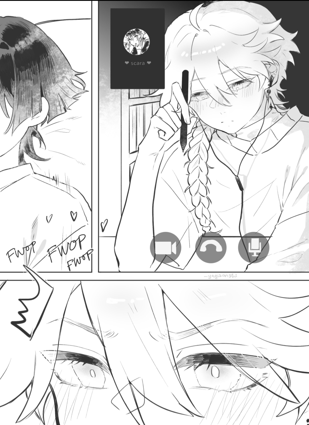 2boys, aether (genshin impact), blonde hair, blue hair, blush, caught, dominant male, genshin impact, male, male only, masturbation, phone call, scaramouche (genshin impact), wanderer (genshin impact), yagisanshi, yaoi