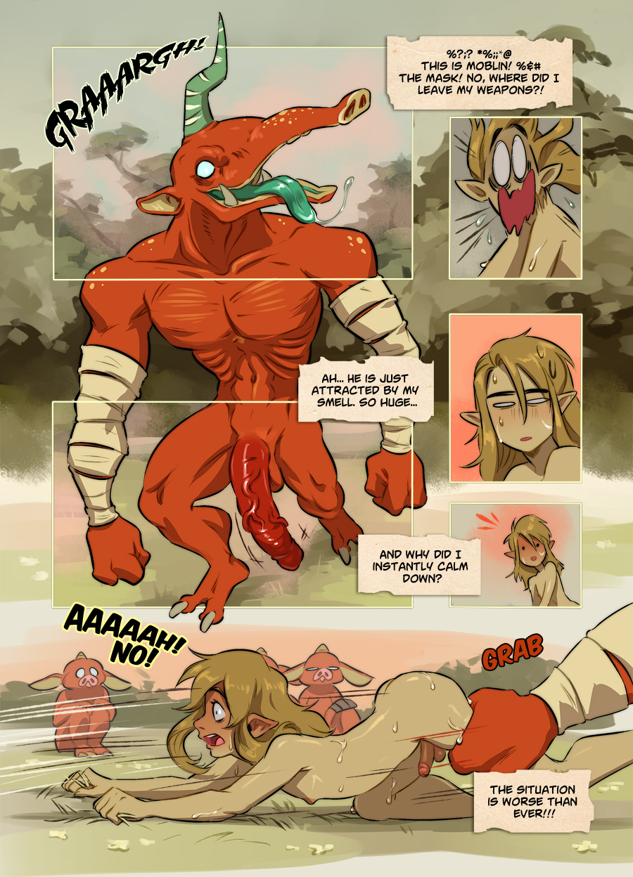 anthro balls big_balls big_penis blin_(tloz) blonde_hair bodily_fluids bokoblin comic dialogue english_text gay genitals group hair hi_res huge_balls huge_cock humanoid_pointy_ears hylian imminent_rape link male male/male moblin nintendo nude open_mouth open_smile penis ripushko smile sweat text the_legend_of_zelda tongue tongue_out