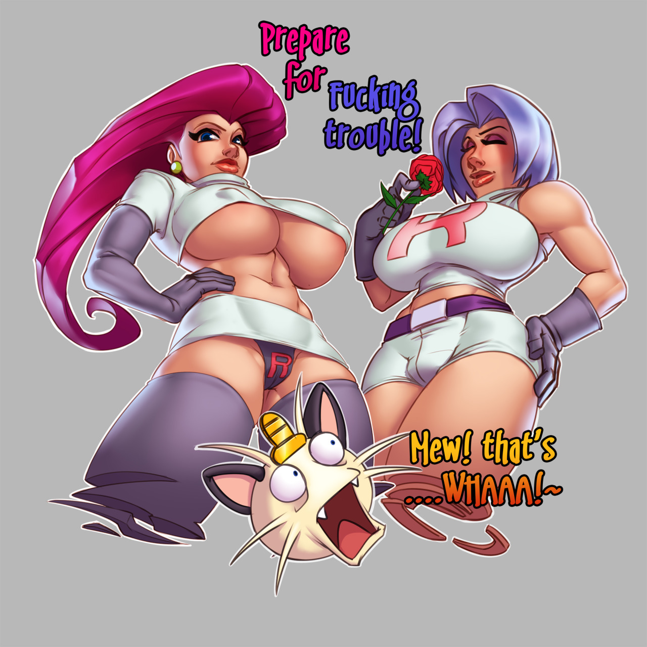 1girls, 2boys, bimbo, blue eyes, blue hair, breasts, bulge, busty, cleavage, closed eyes, crossdressing, earrings, elbow gloves, female, flower, gloves, hair, hand on hip, hourglass figure, human, human only, james (pokemon), jamie (pokemon), jessie (pokemon), large breasts, long hair, male, male with breasts, meowth, navel, nintendo, nipple bulge, panties, pink hair, pokemon, rose, short hair, shorts, skirt, taboolicious, tank top, thighhighs, underboob, voluptuous