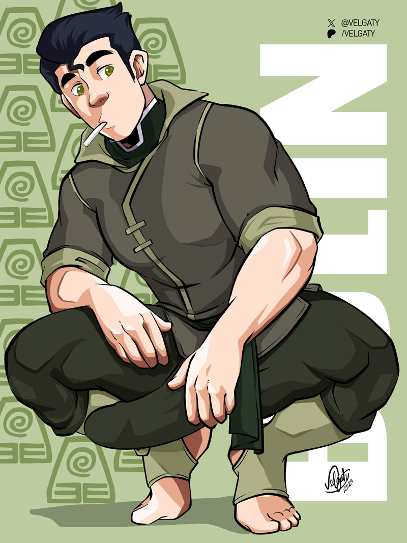 1boy artist_name avatar_legends bara big_bulge black_hair bolin bulge cigarette clothing erection_under_clothes green_eyes huge_bulge lad male male_only muscular_male nickelodeon nicktoons penis_outline the_legend_of_korra tight_clothing velgaty