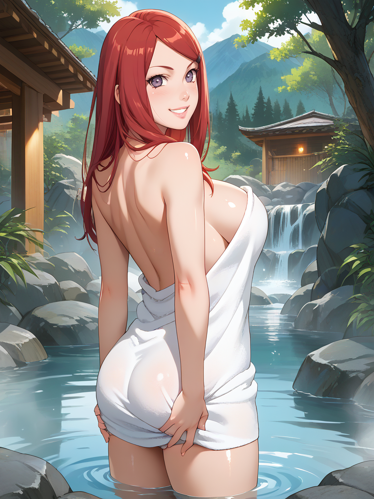 ai_generated ass ass_grab breasts grabbing_own_ass hot_spring huge_ass huge_breasts isogil long_hair looking_at_viewer looking_back naruto naruto_(series) naruto_shippuden onsen purple_eyes red_hair standing_in_water towel uzumaki_kushina water wet